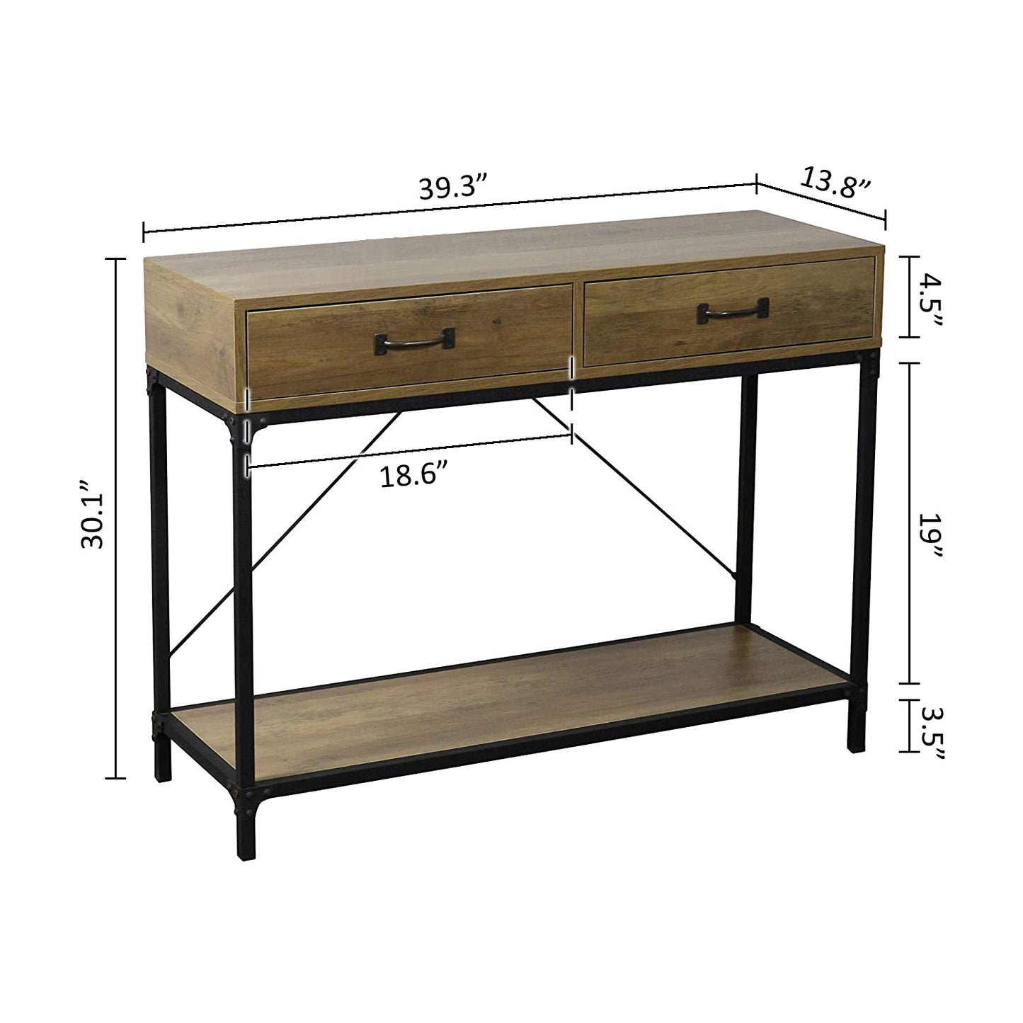 eHemco Rustic Console Table with 2 Drawers and Storage Shelf for Living Room, Home, Black Base