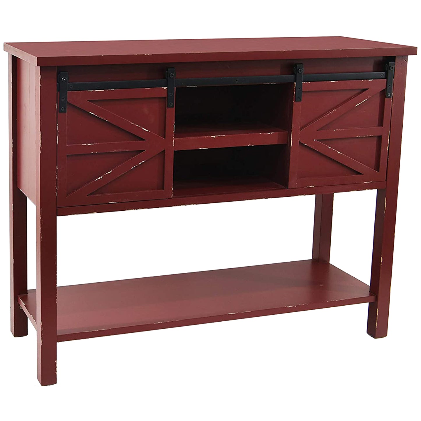 eHemco Antique Farmhouse Console Table with Sliding Barn Doors and Bottom Storage Shelf