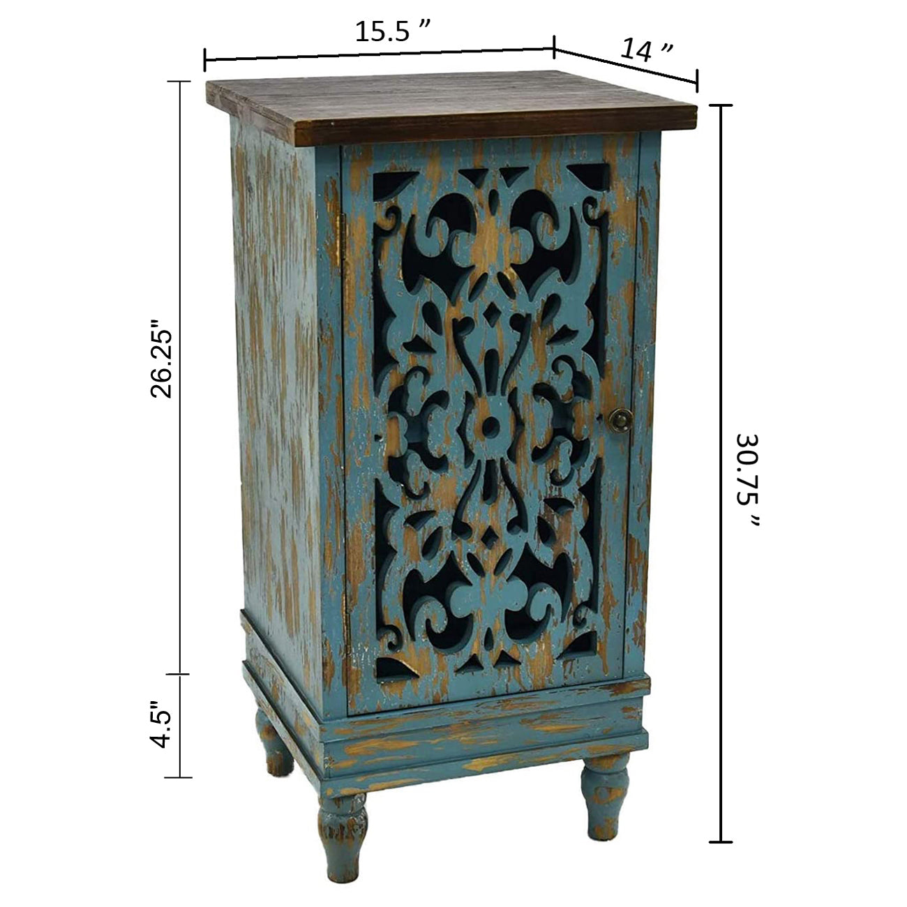 eHemco Wooden Rustic Dual Storage Shelf Rectangle End Table with Carved Legs for Living Room, Teal