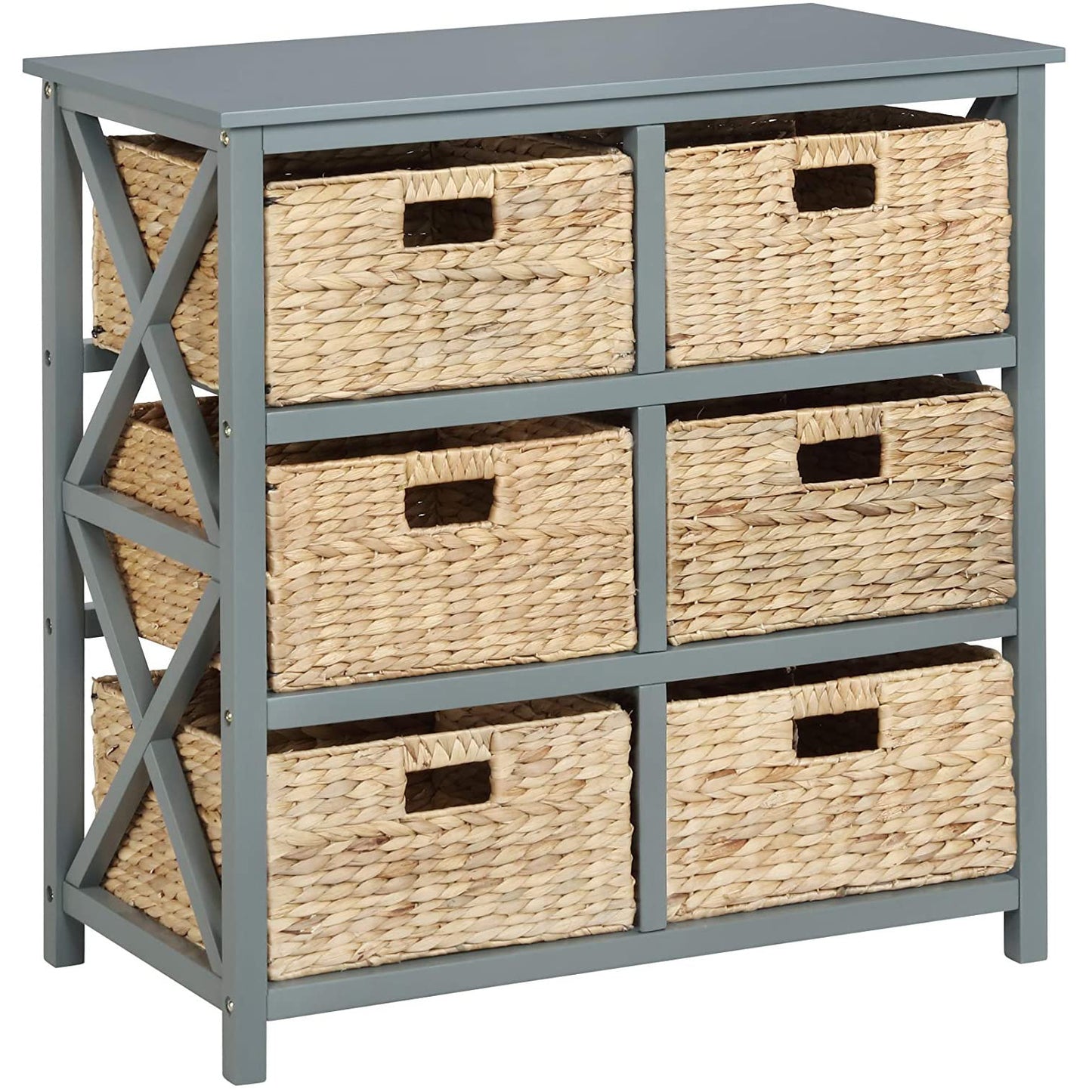 eHemco 3 Tier X-Side End Storage Drawers with 6 Water Hyacinth Natural Wicker Baskets