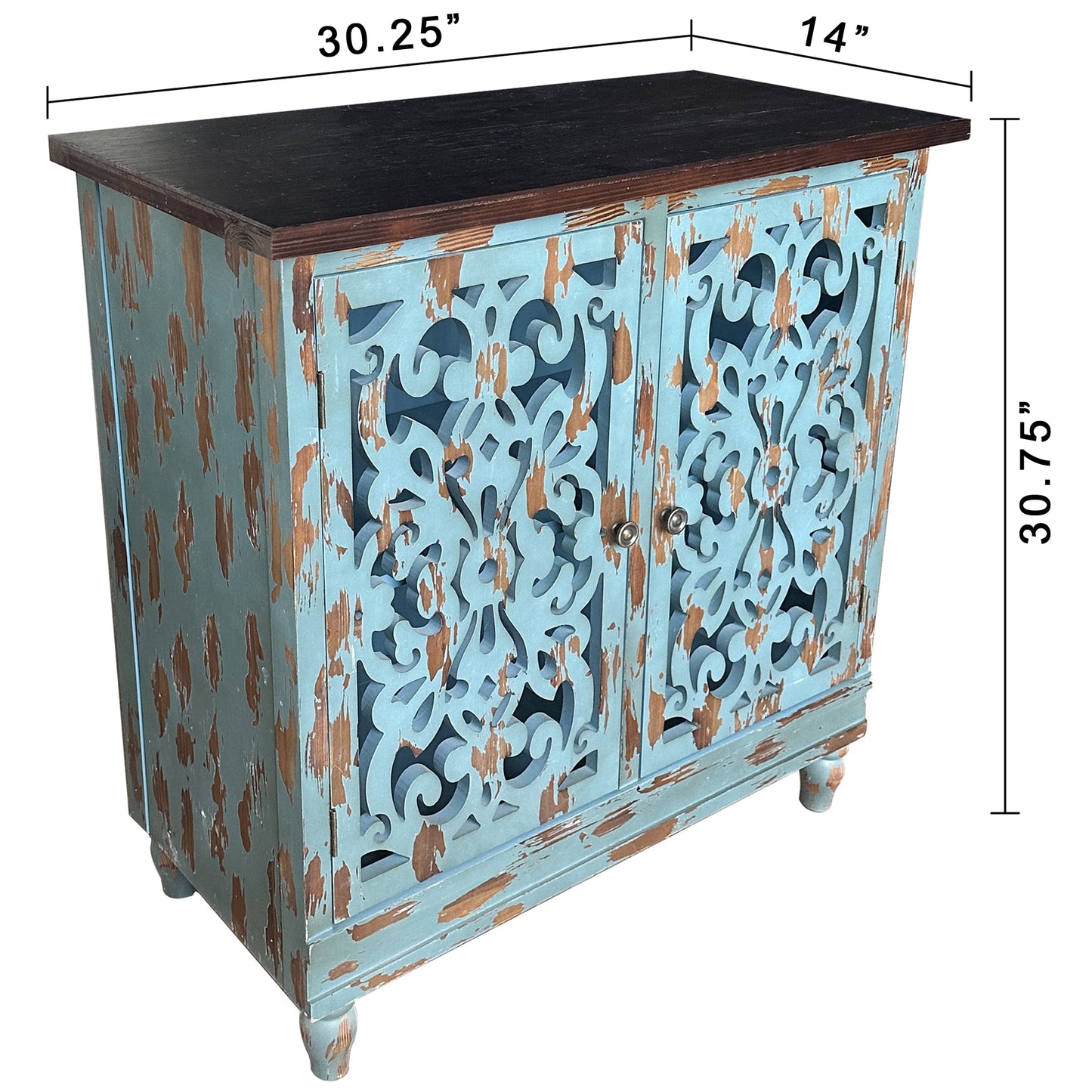 eHemco Rustic Accent Distressed Cabinet with 2 Doors with Dual Storage Shelf for Living Room and Entryway, Teal