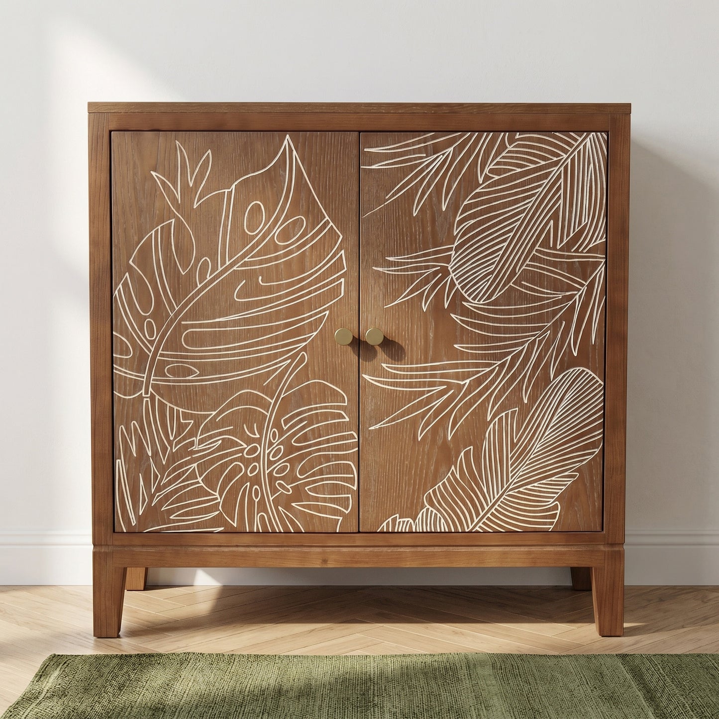 eHemco Tropical Monstera 2-Door Storage Cabinet, Modern Retro Style, Antique Walnut Finish, 30 x 14 x 31 Inches