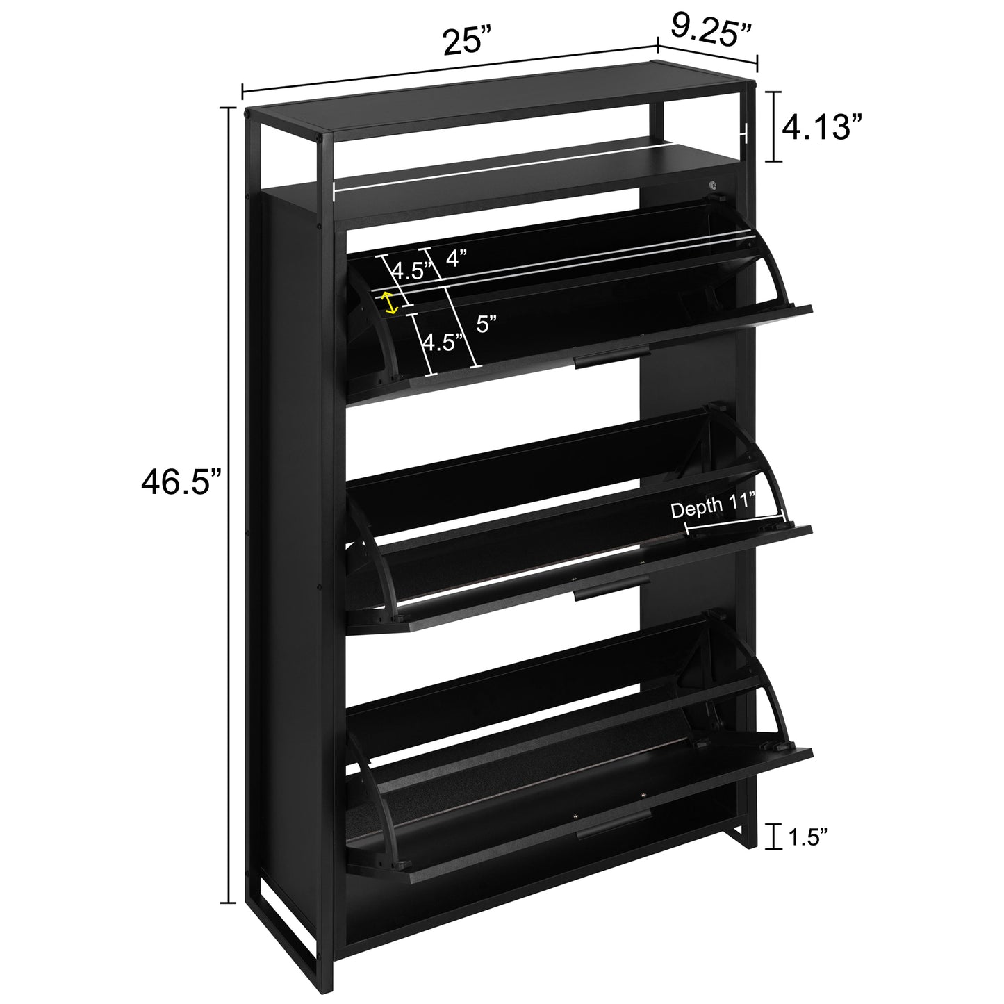eHemco 3-Door Shoe Cabinet with Shelf, Modern Storage Organizer, Black Metal Frame, 3 Flip Drawers