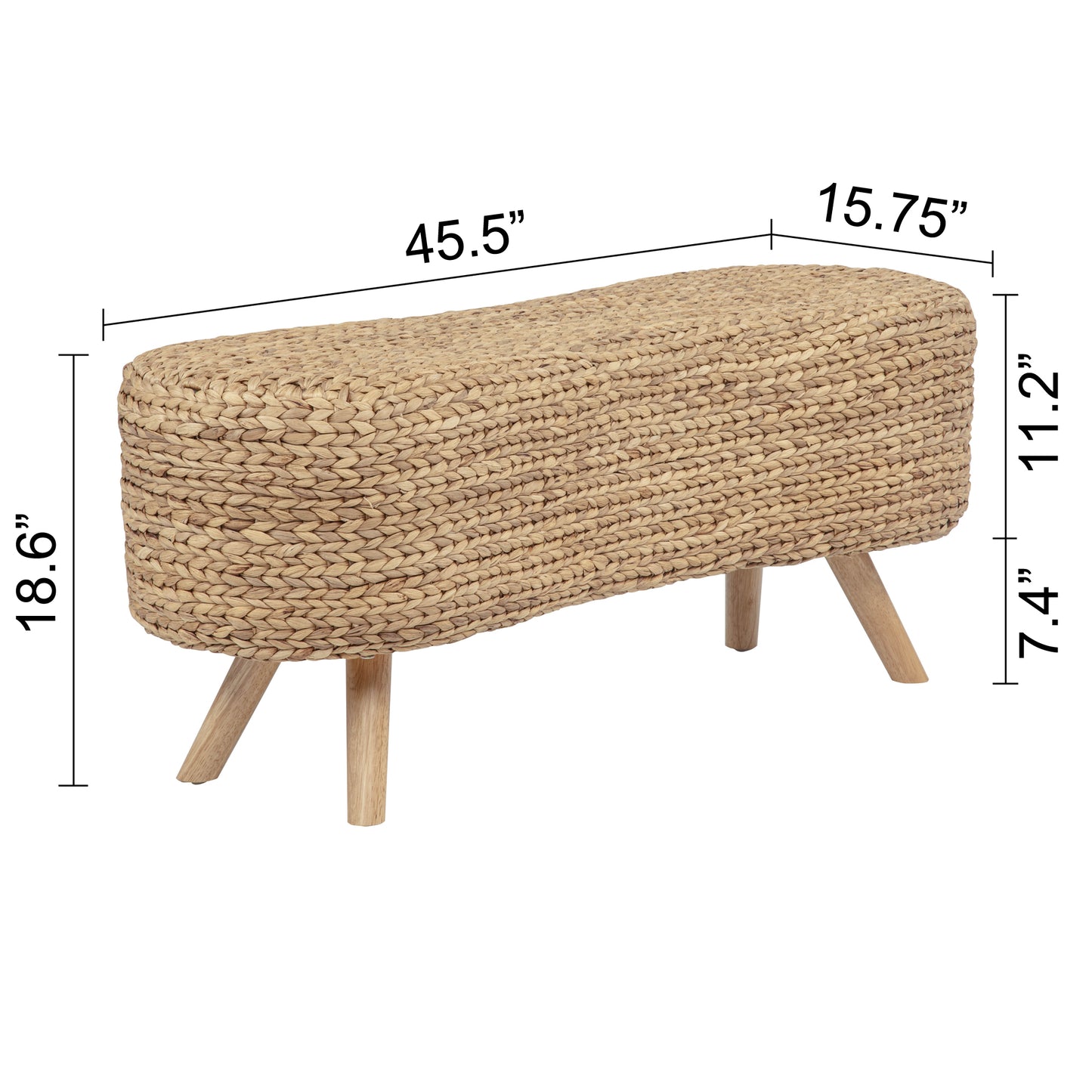 eHemco 8-Shaped Design Water Hyacinth Bench with Solid Hardwood Legs, 45.5 x 15.75 x 18.6 Inches, Natural