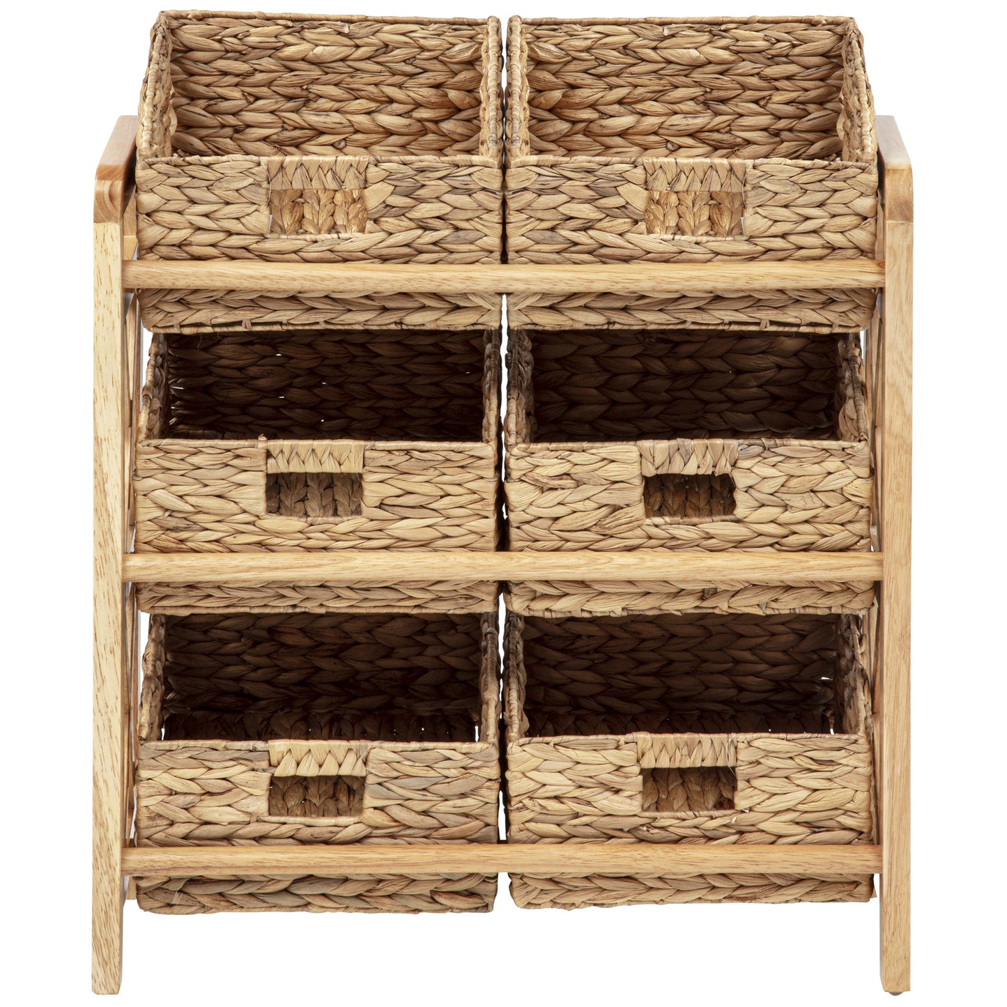 eHemco 3 Tier Storage Organizer with 6 Woven Water Hyacinth Baskets, Natural Wood Frame Stand, X-Design