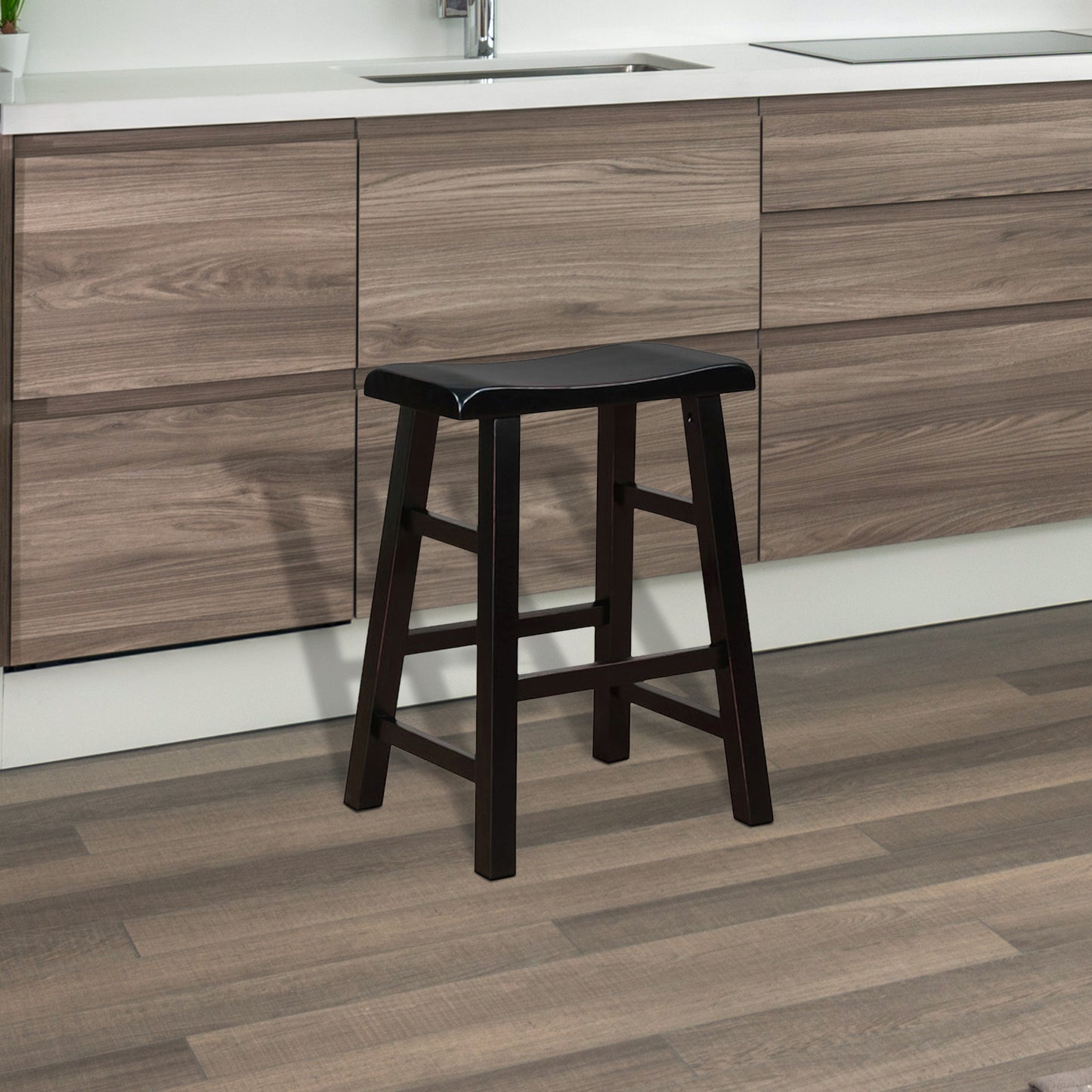 eHemco Heavy-Duty Solid Wood Saddle Seat Kitchen Counter Height Barstools, 24 Inch, Black