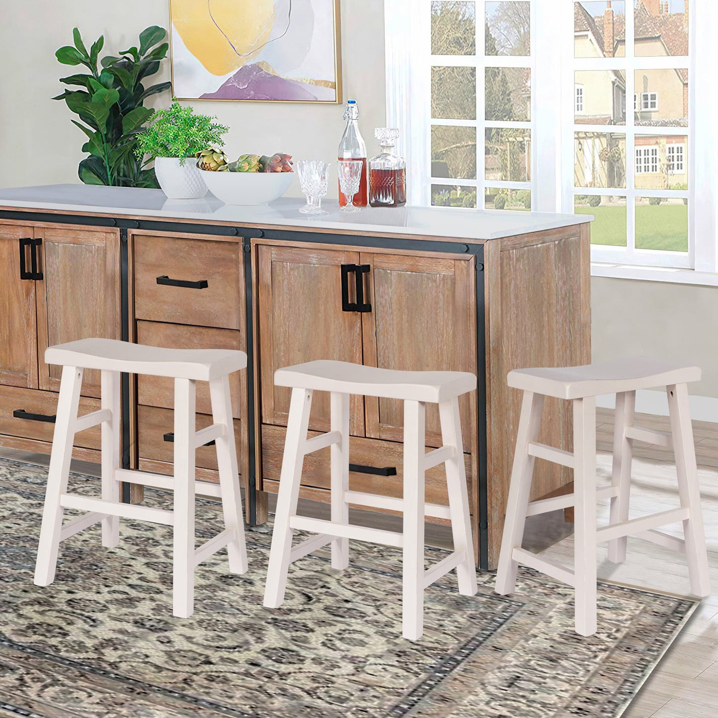 eHemco Heavy-Duty Solid Wood Saddle Seat Kitchen Counter Height Barstools, 24 Inches, Set of 3