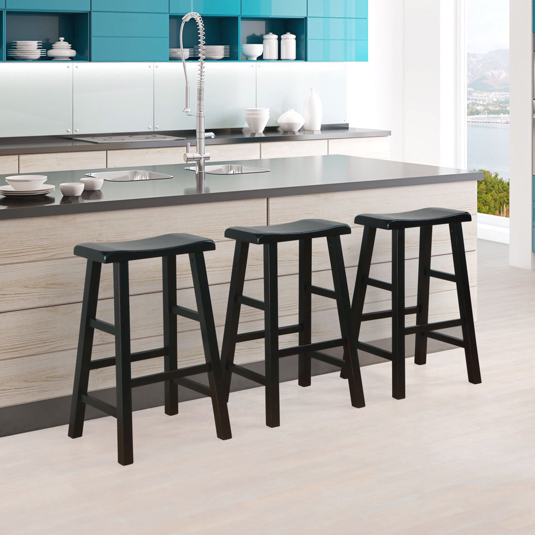 eHemco Heavy-Duty Solid Wood Saddle Seat Kitchen Counter Barstools, 29 Inches, Set of 3