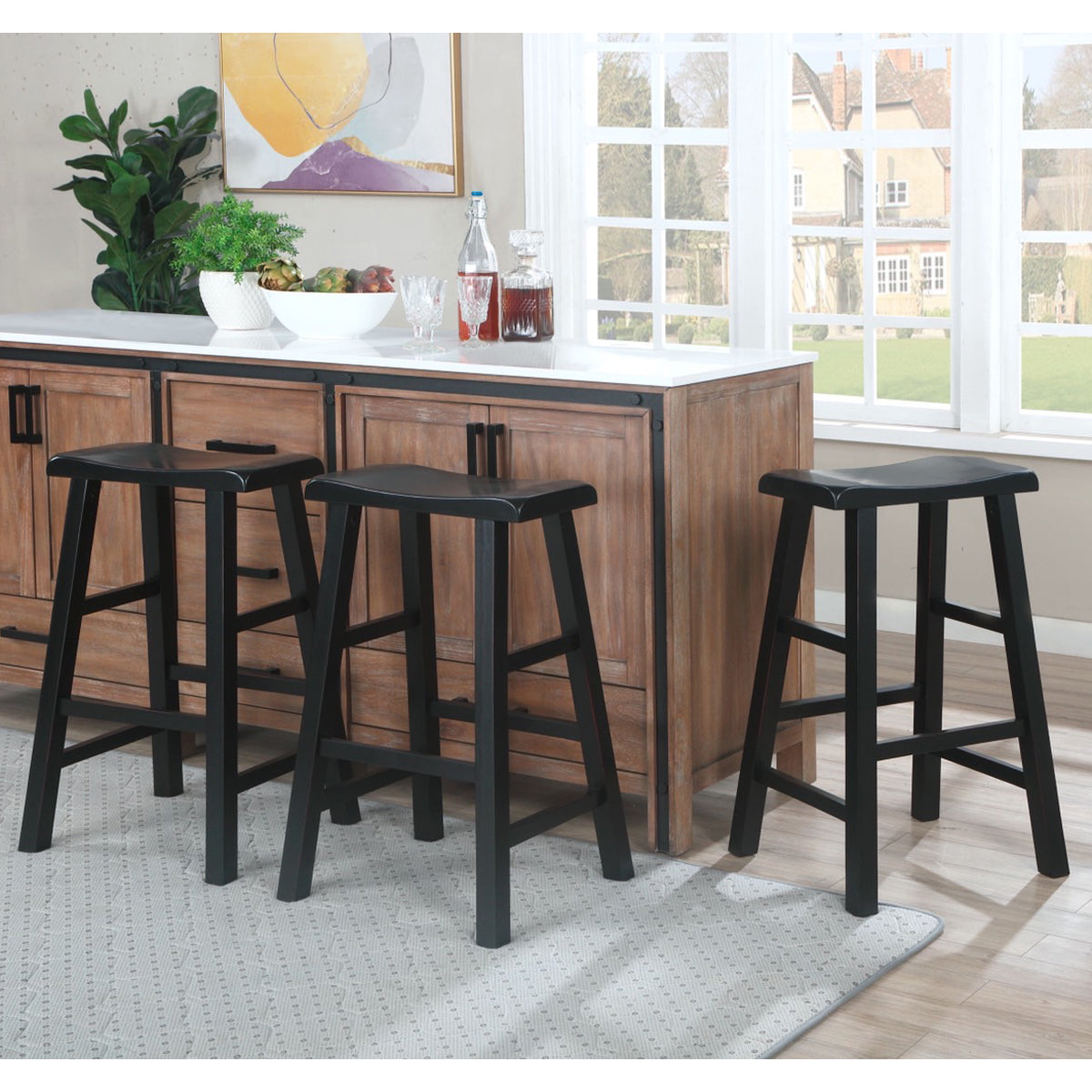 eHemco Heavy-Duty Solid Wood Saddle Seat Kitchen Counter Barstools, 29 Inches, Set of 3