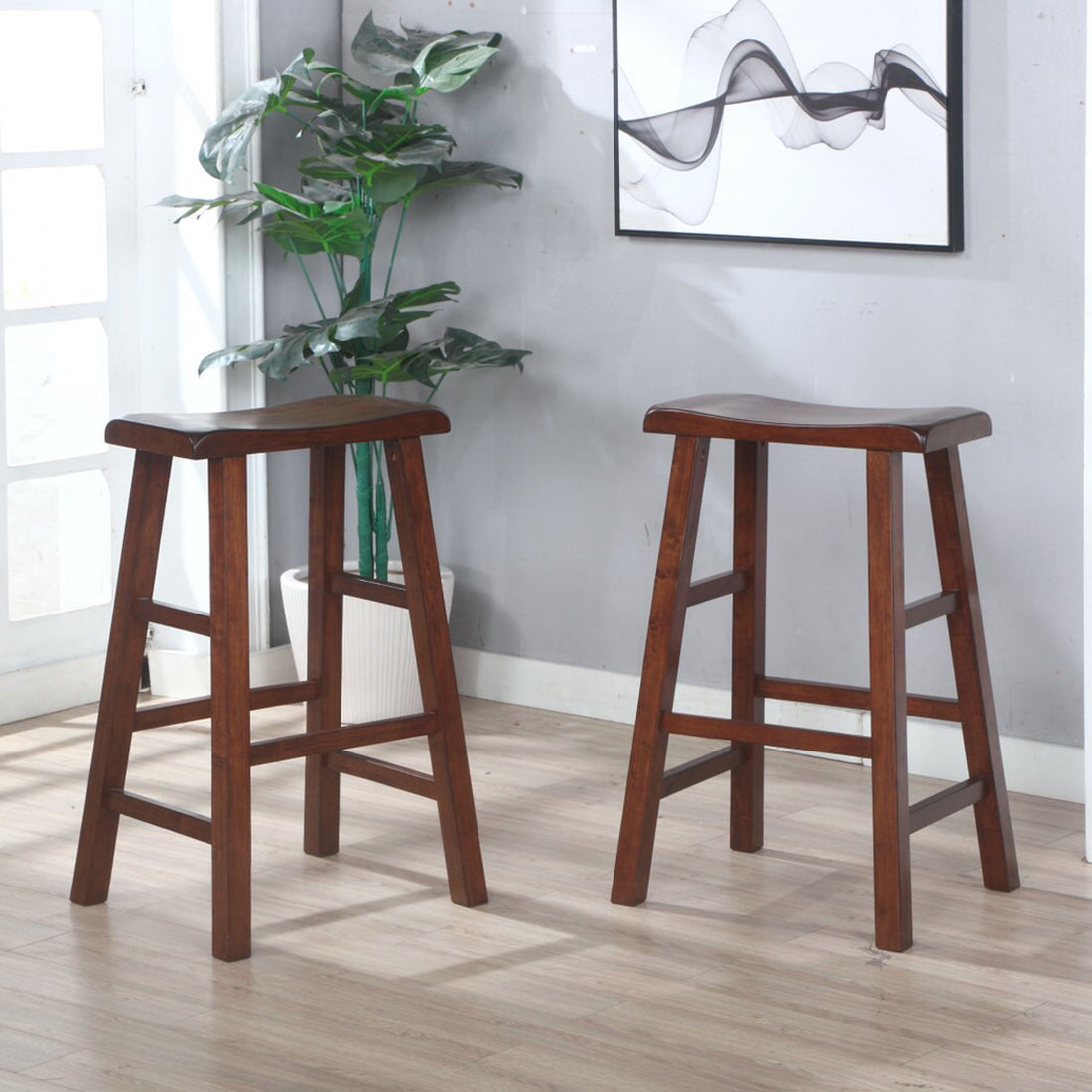 eHemco Heavy-Duty Solid Wood Saddle Seat Kitchen Counter Barstools, 29 Inches, Set of 2