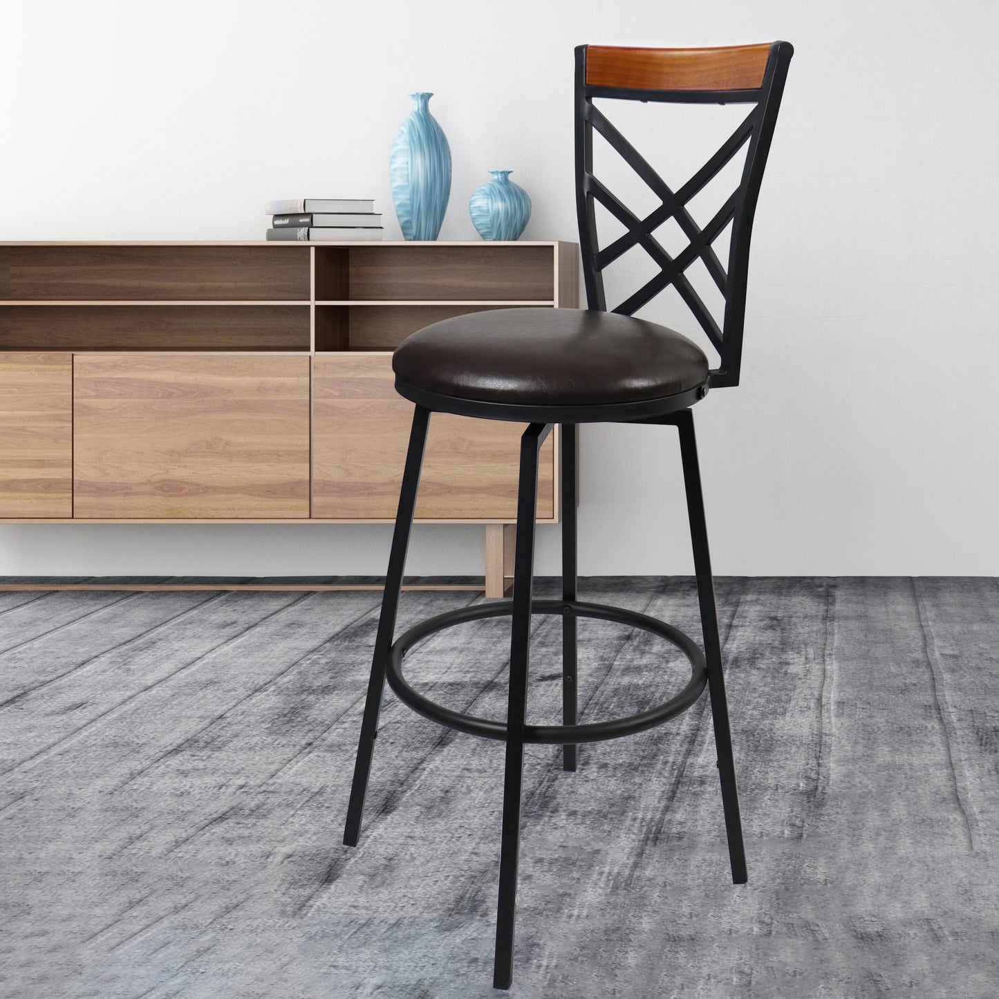 eHemco Swivel Metal Kitchen Counter Barstool with Double X Back Upholstered Faux Leather Seat, Espresso and Black