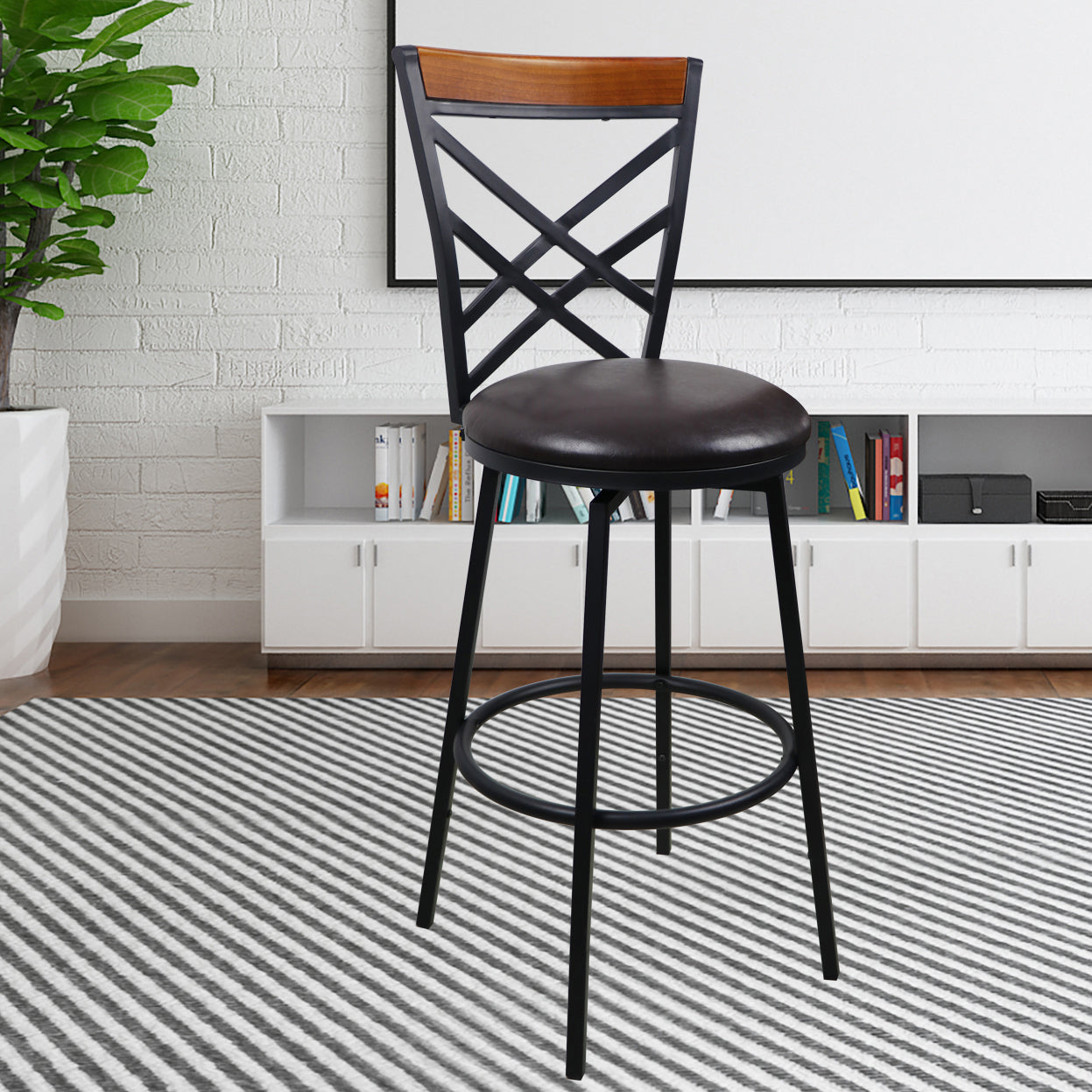 eHemco Swivel Metal Kitchen Counter Barstool with Double X Back Upholstered Faux Leather Seat, Espresso and Black