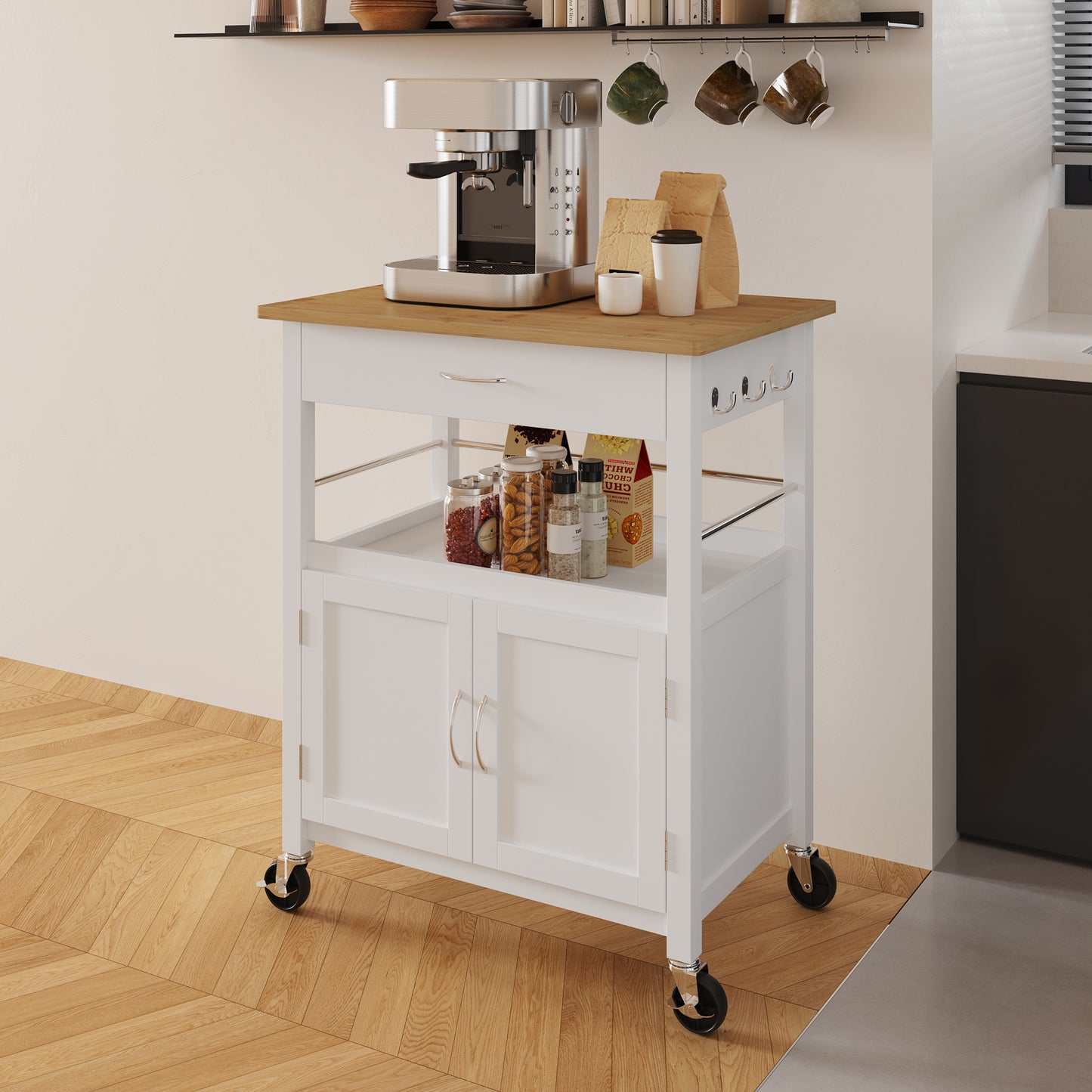 eHemco Kitchen Island Cart on Wheels with Drawer, Storage Cabinet, Shelf and Natural Bamboo Top Butcher Block, 35.5 Inches Height