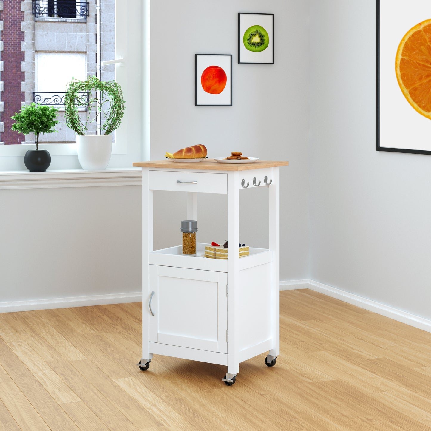 eHemco 1-Door Kitchen Island Cart on Wheels with Drawer, Storage Cabinet, Shelf and Natural Solid Hardwood Top