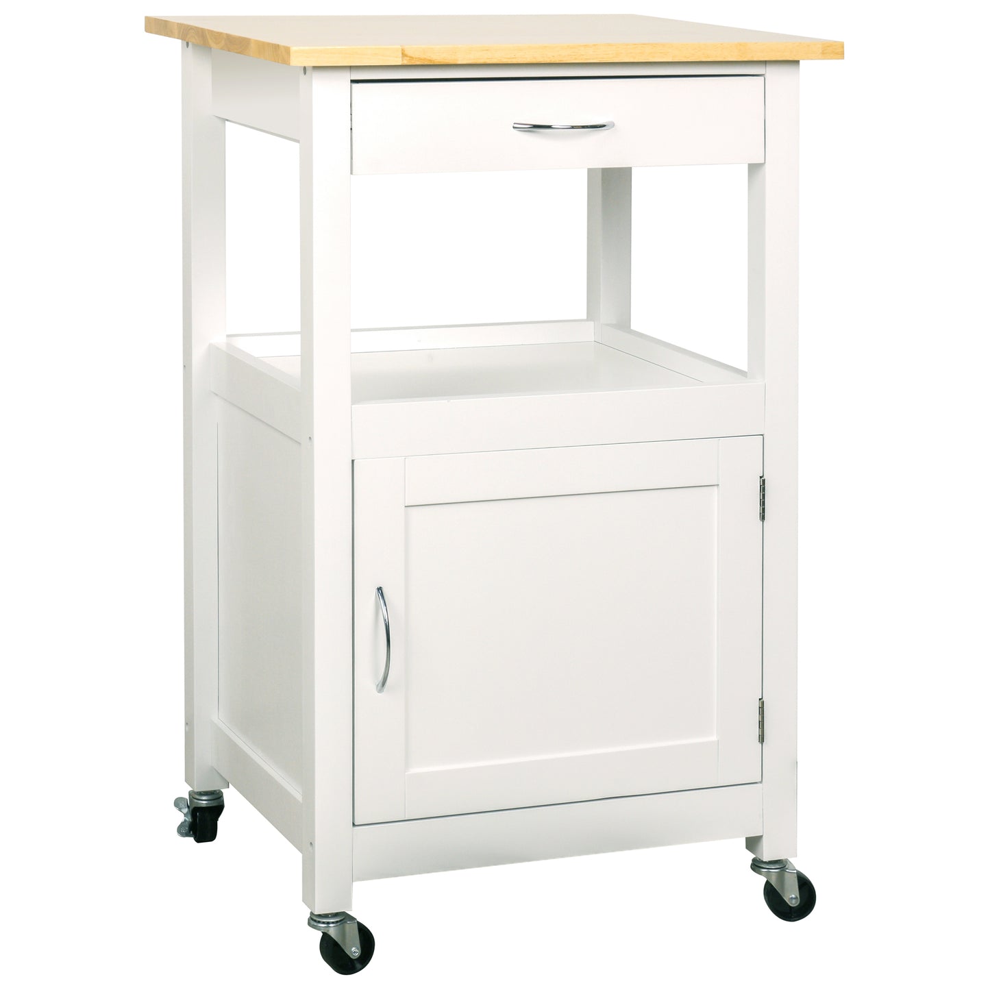eHemco 1-Door Kitchen Island Cart on Wheels with Drawer, Storage Cabinet, Shelf and Natural Solid Hardwood Top