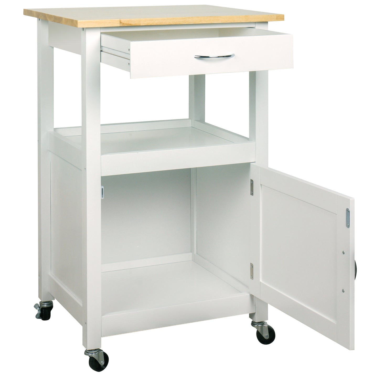 eHemco 1-Door Kitchen Island Cart on Wheels with Drawer, Storage Cabinet, Shelf and Natural Solid Hardwood Top