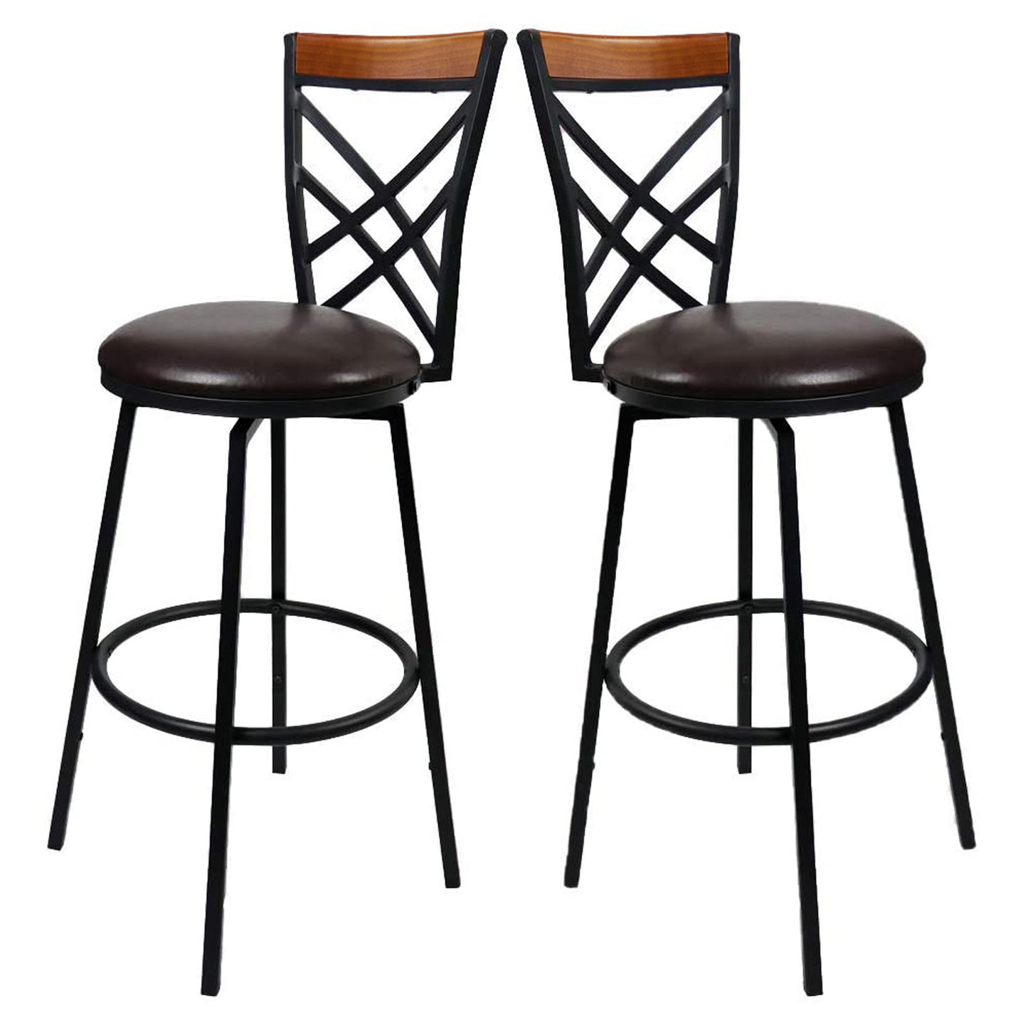 eHemco Swivel Metal Kitchen Counter Barstool with Double X Back Upholstered Faux Leather Seat, Espresso and Black, Set of 2