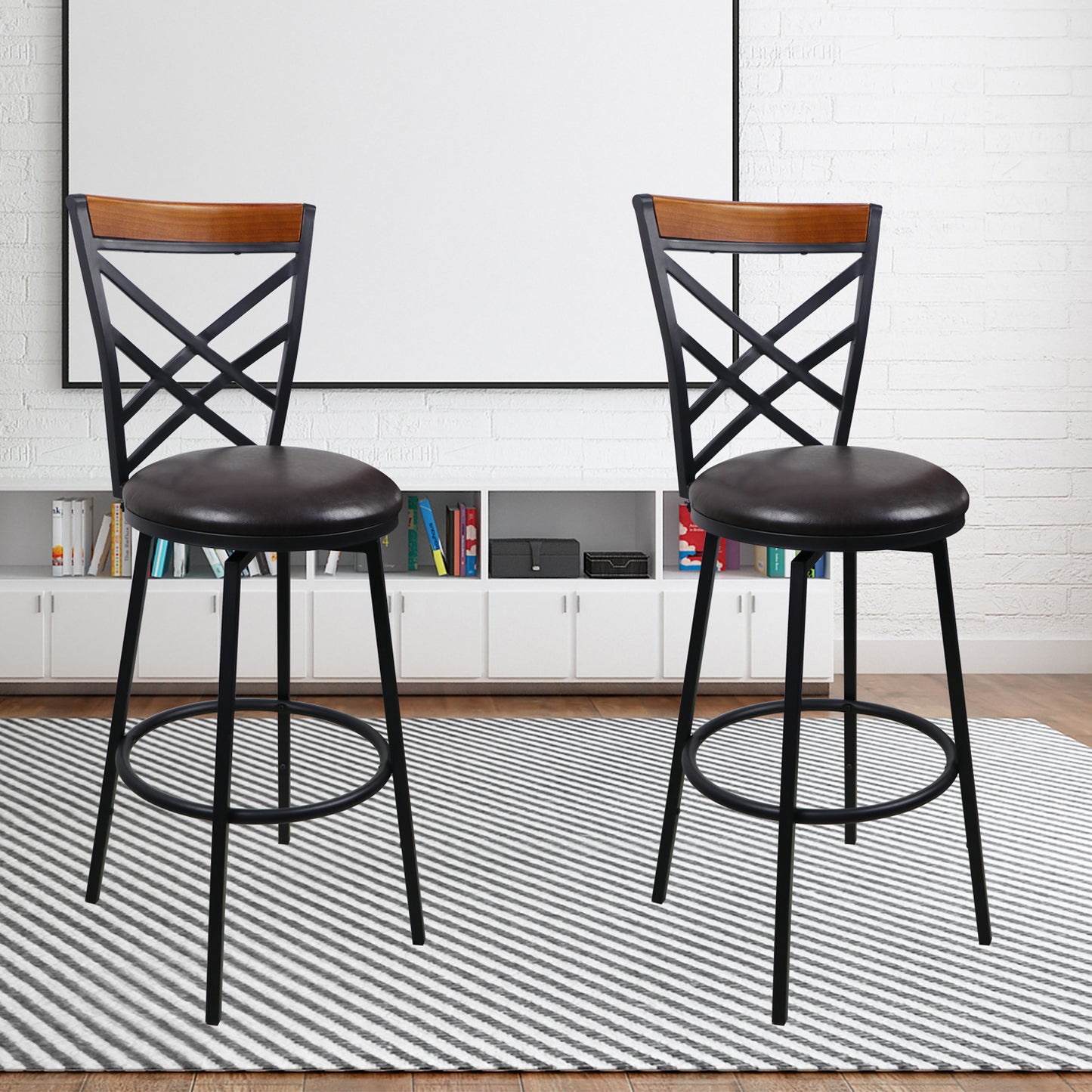 eHemco Swivel Metal Kitchen Counter Barstool with Double X Back Upholstered Faux Leather Seat, Espresso and Black, Set of 2