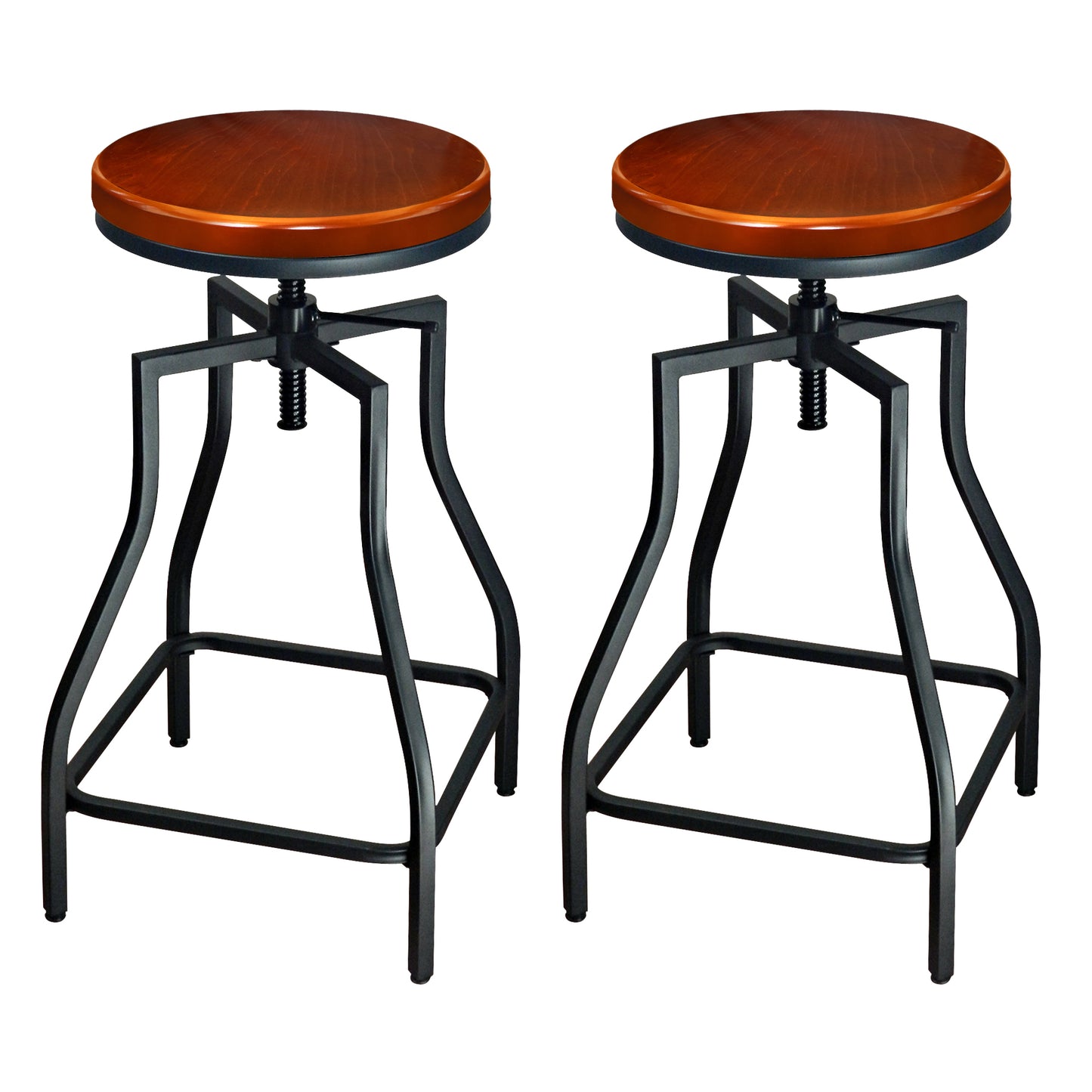eHemco Adjustable Swivel Metal Kitchen Counter Barstool with Wood Veneer Seat, Brown and Black, Set of 2