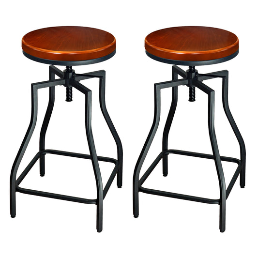 eHemco Adjustable Swivel Metal Kitchen Counter Barstool with Wood Veneer Seat, Brown and Black, Set of 2