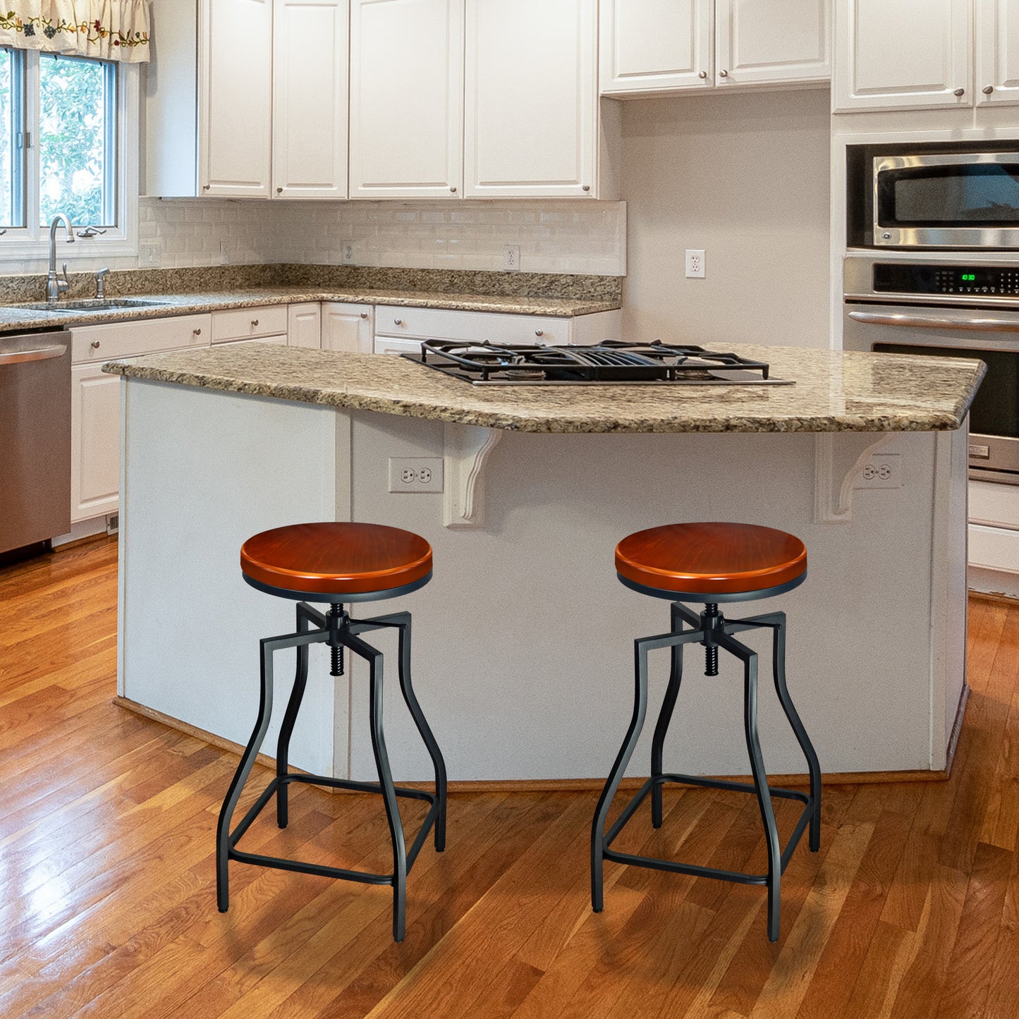 eHemco Adjustable Swivel Metal Kitchen Counter Barstool with Wood Veneer Seat, Brown and Black, Set of 2