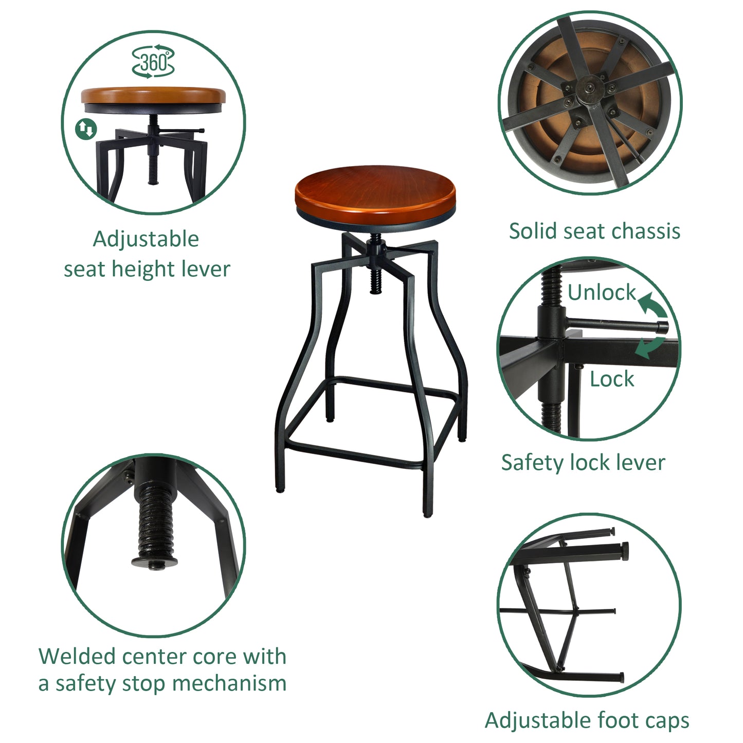 eHemco Adjustable Swivel Metal Kitchen Counter Barstool with Wood Veneer Seat, Brown and Black, Set of 2