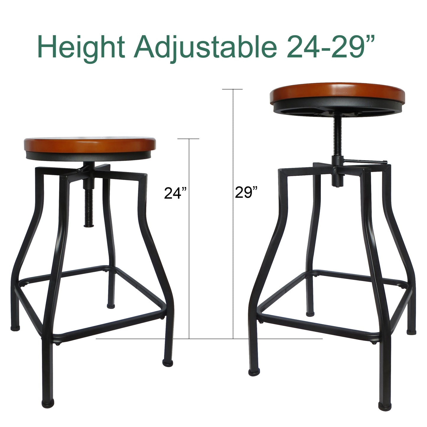 eHemco Adjustable Swivel Metal Kitchen Counter Barstool with Wood Veneer Seat, Brown and Black, Set of 2