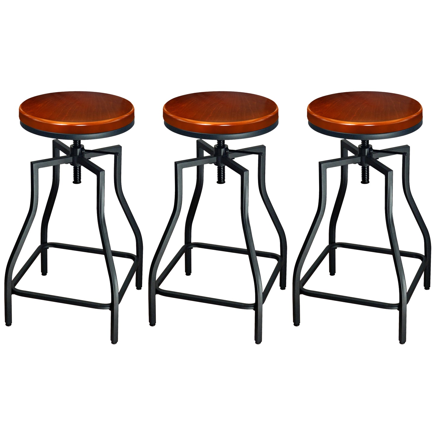 eHemco Industrial Adjustable Swivel Metal Kitchen Counter stool with Wood Veneer Seat, Rustic Brown and Black, Set of 3