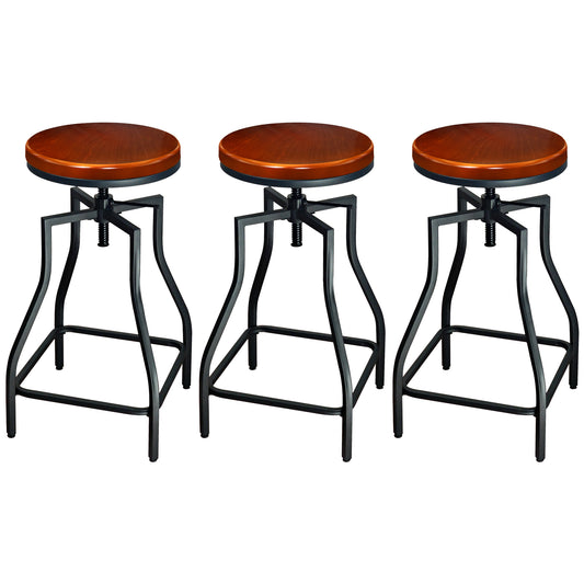 eHemco Industrial Adjustable Swivel Metal Kitchen Counter stool with Wood Veneer Seat, Rustic Brown and Black, Set of 3
