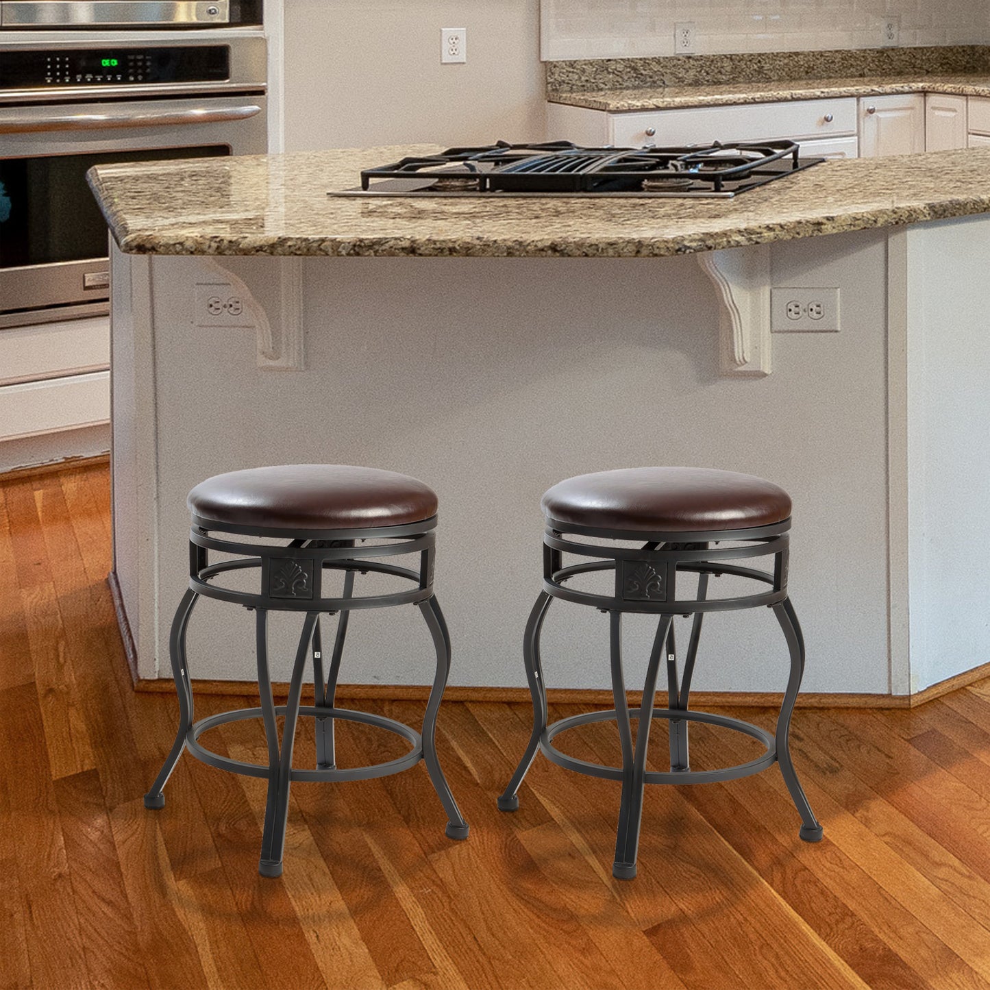 eHemco Swivel Metal Kitchen Counter Height Barstool with Upholstered Faux Leather Seat, 24 Inches, Black, Set of 2