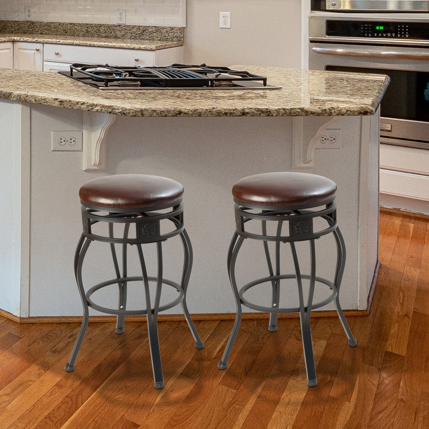 eHemco Swivel Metal Kitchen Counter Height Barstool with Faux Leather Seat, 29 Inches, Black, Set of 2