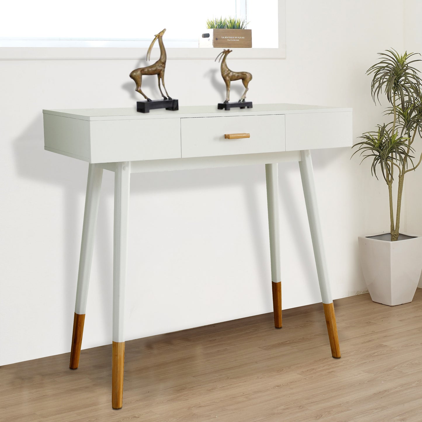 eHemco Euro Console Sofa Table with Drawer and Bamboo Legs for Hallway and Living Room, White and Dark Oak