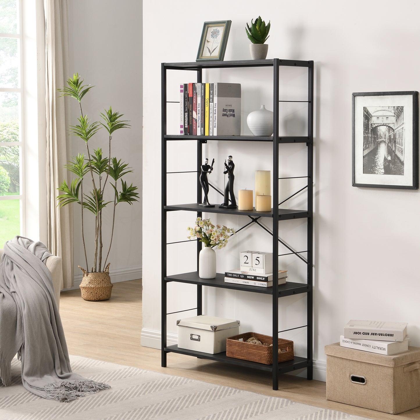 eHemco 5 Tier Bookshelf, Modern Rustic Bookcase Shelf, Book Rack, Free Standing Shelf, Storage Rack for Home Office, Living Room, Kitchen, 64 Inches