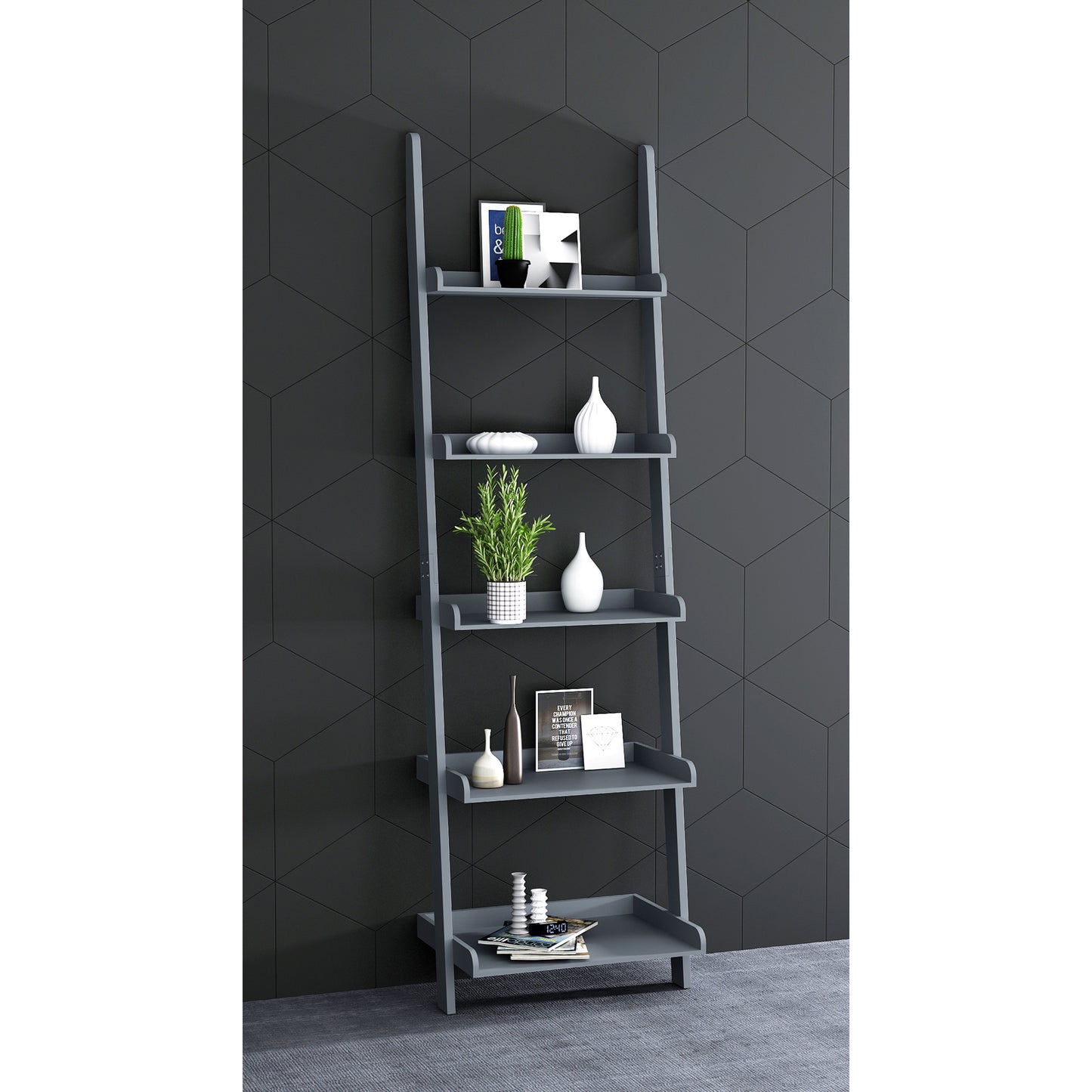 eHemco 5 Tier Leaning Wall Book Shelf, 70 Inches