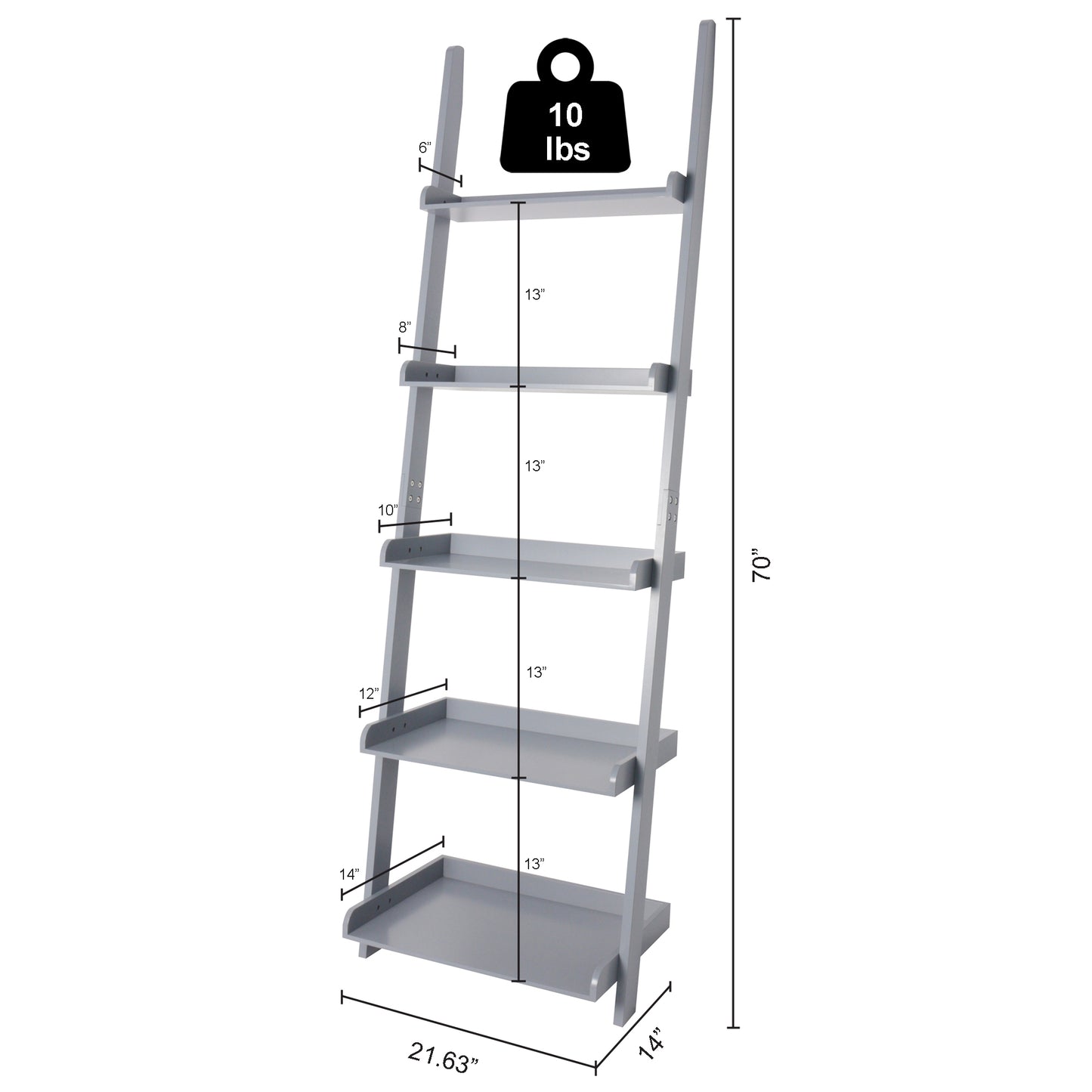 eHemco 5 Tier Leaning Wall Book Shelf, 70 Inches