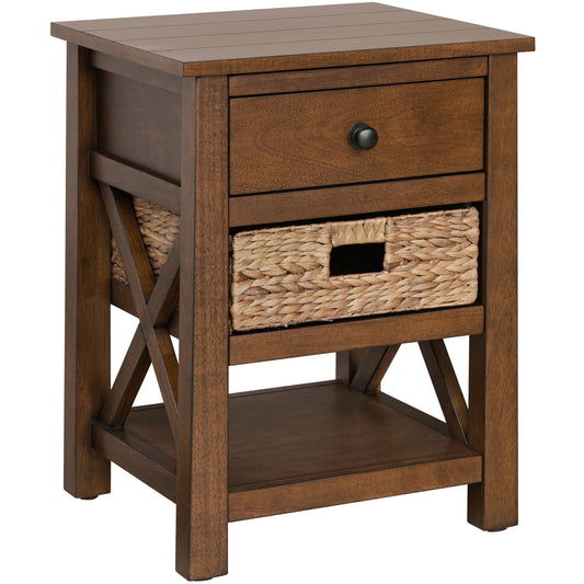eHemco X-Side Solid Hardwood Nightstand with Drawer, 2 Storage Shelves and Wicker Basket, 24 Inches Tall - Great for Home, Bedroom, Living room