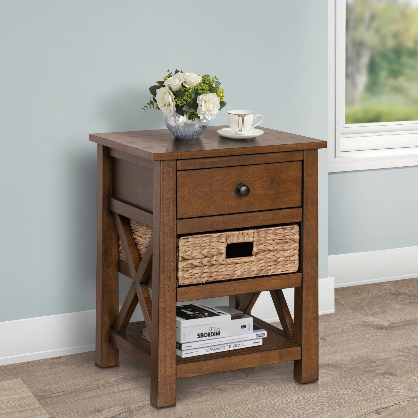 eHemco X-Side Solid Hardwood Nightstand with Drawer, 2 Storage Shelves and Wicker Basket, 24 Inches Tall - Great for Home, Bedroom, Living room