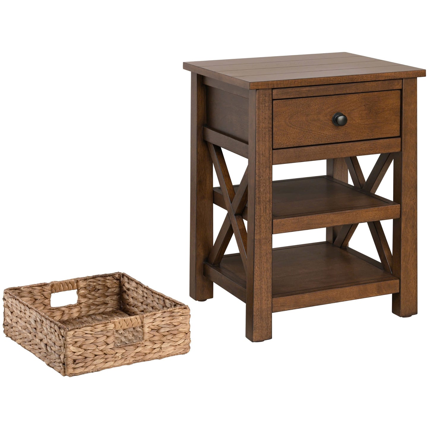 eHemco X-Side Solid Hardwood Nightstand with Drawer, 2 Storage Shelves and Wicker Basket, 24 Inches Tall - Great for Home, Bedroom, Living room