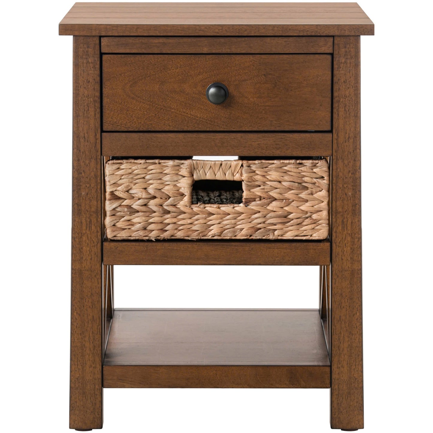 eHemco X-Side Solid Hardwood Nightstand with Drawer, 2 Storage Shelves and Wicker Basket, 24 Inches Tall - Great for Home, Bedroom, Living room