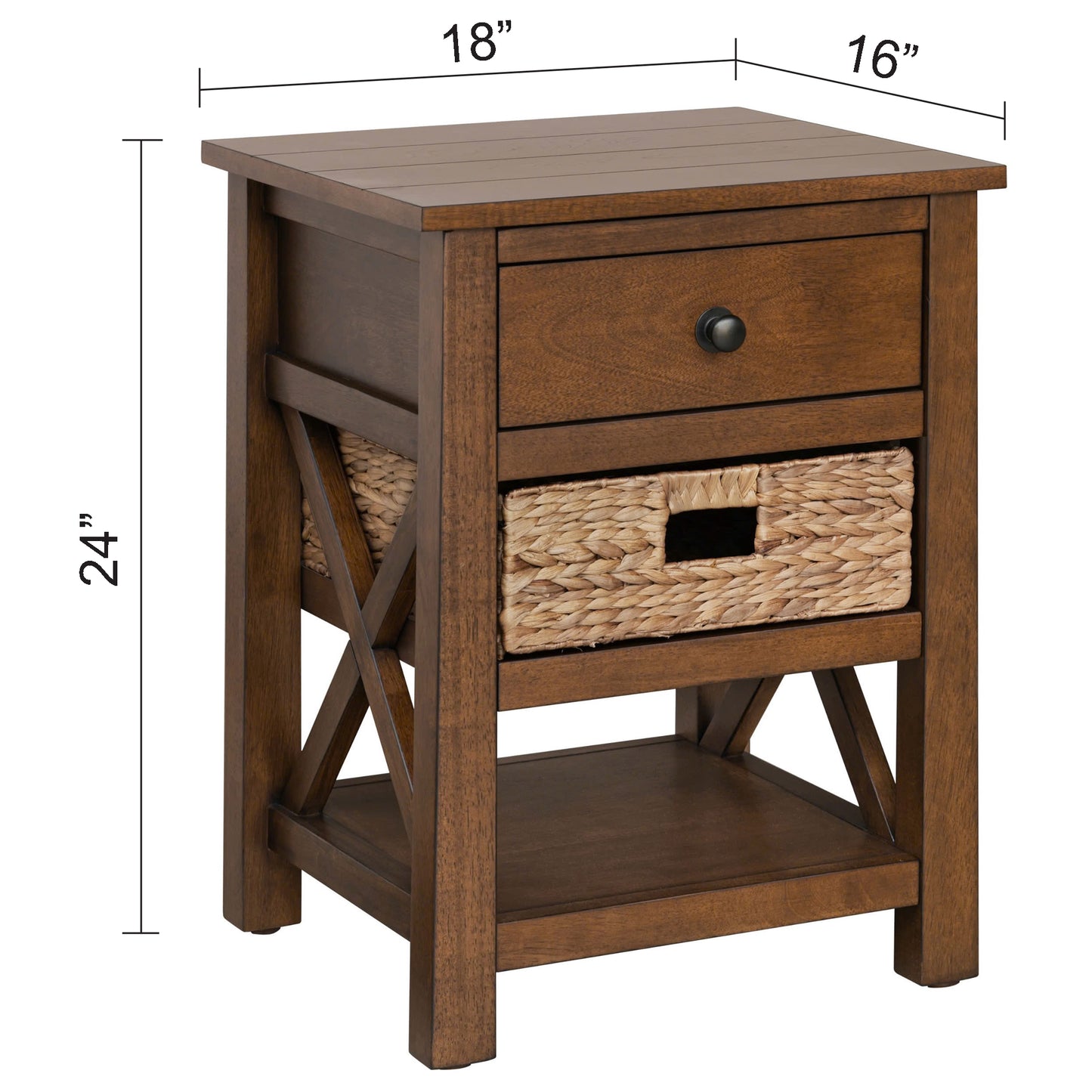 eHemco X-Side Solid Hardwood Nightstand with Drawer, 2 Storage Shelves and Wicker Basket, 24 Inches Tall - Great for Home, Bedroom, Living room