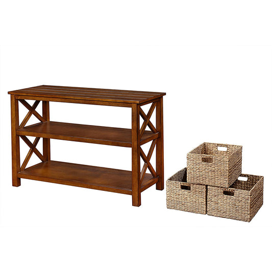 eHemco X-Side Console Sofa Table with 2 Shelves and 3 Baskets, Coffee