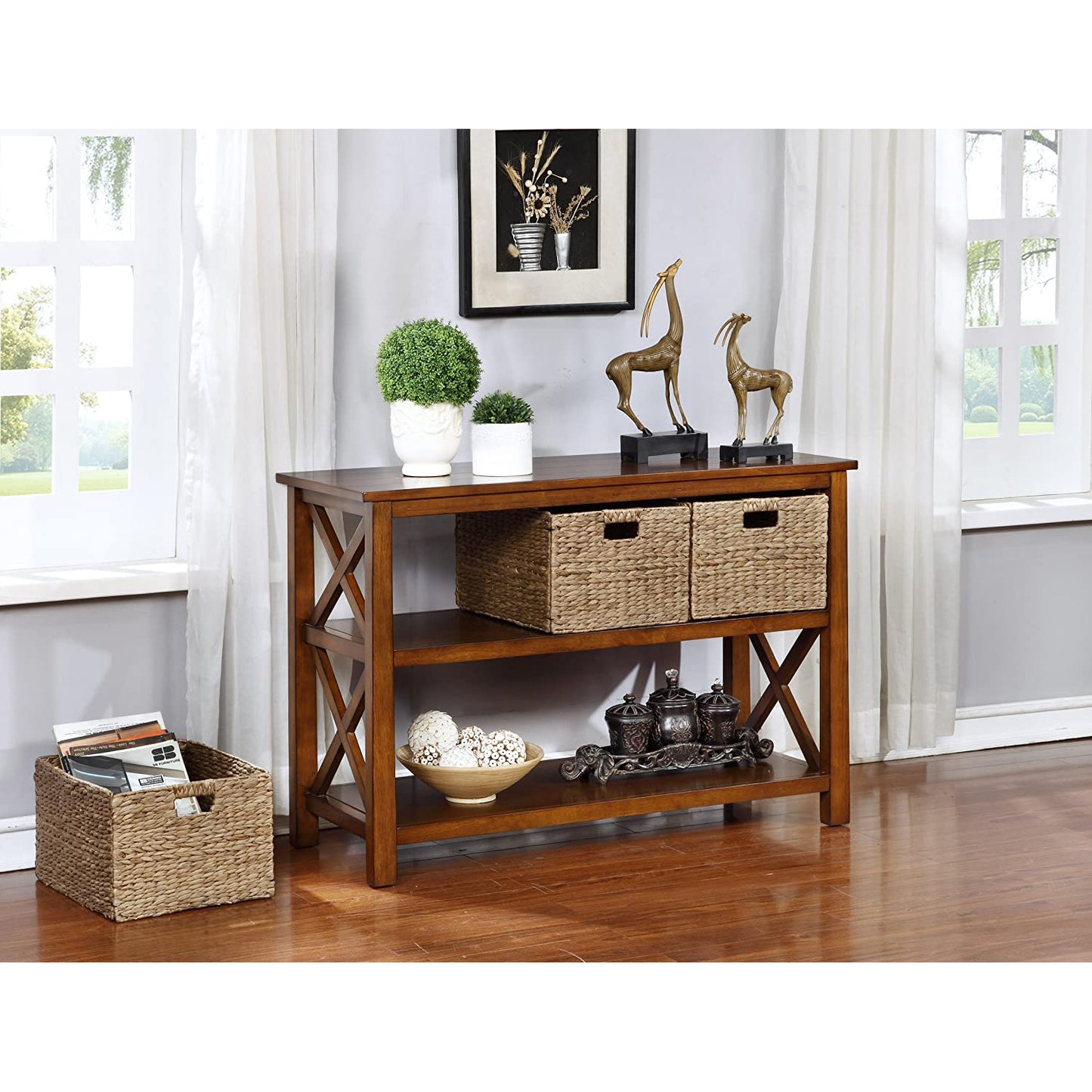 eHemco X-Side Console Sofa Table with 2 Shelves and 3 Baskets, Coffee