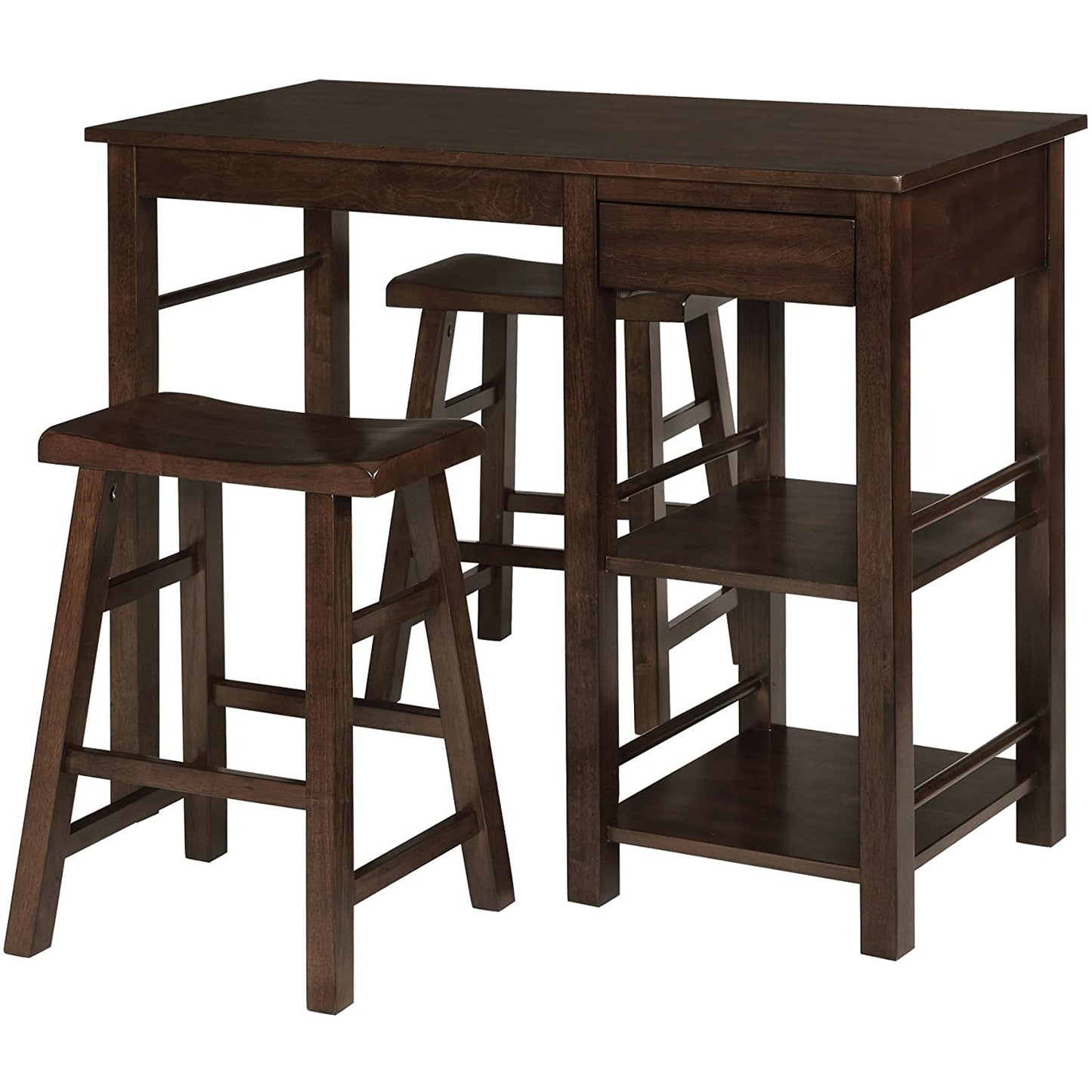 eHemco Counter Height Saving Space Dining Set Breakfast Table with Drawer and Storage Shelves and 2 Saddle Seat Barstools, Walnut, 3 Pieces