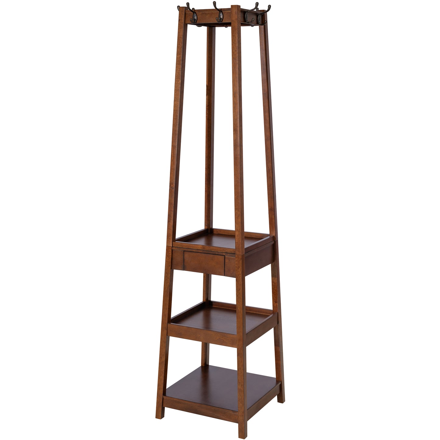 eHemco 8 Hooks Coat Rack Stand with Drawer and 3 Tier Shelves, Coffee