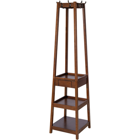 eHemco 8 Hooks Coat Rack Stand with Drawer and 3 Tier Shelves, Coffee