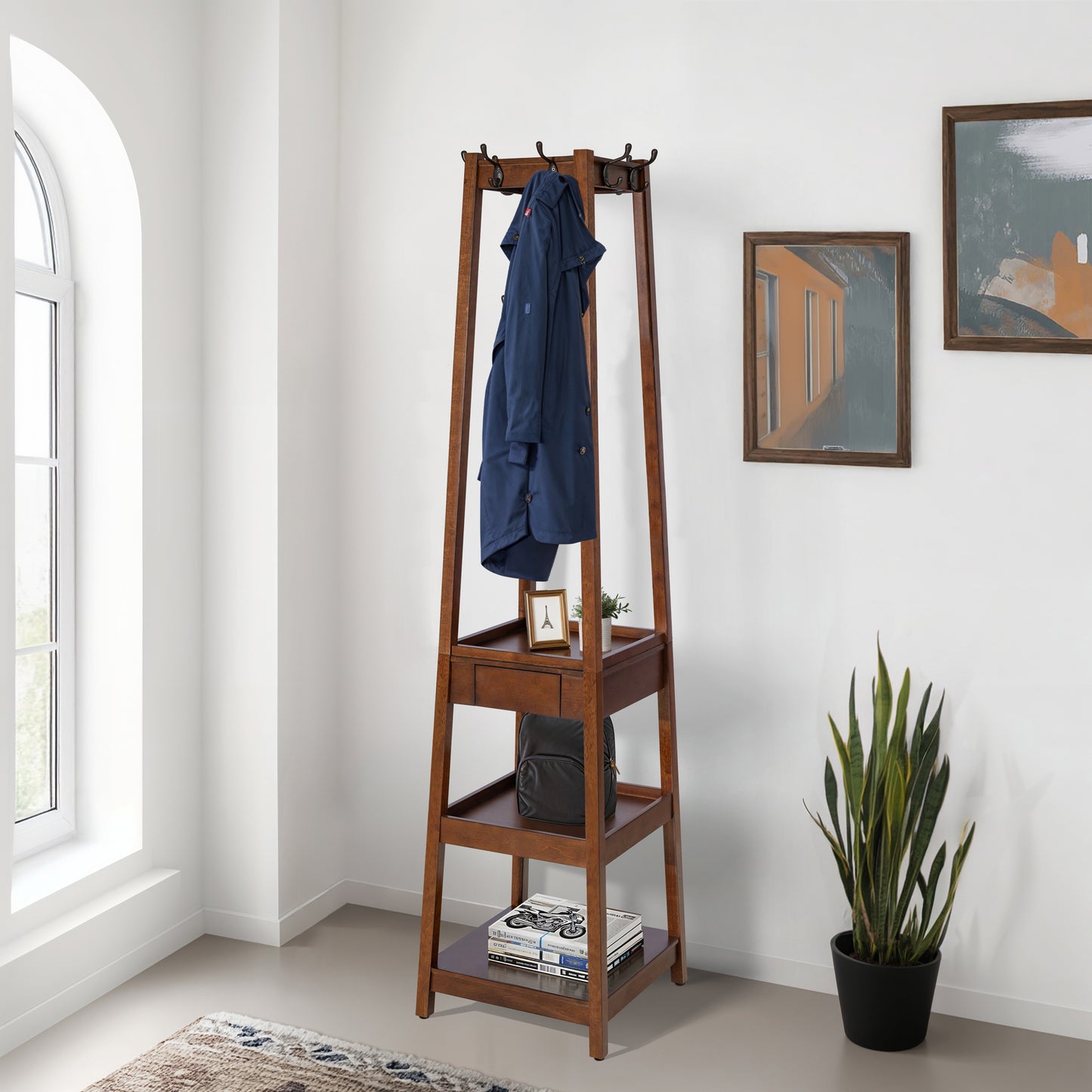 eHemco 8 Hooks Coat Rack Stand with Drawer and 3 Tier Shelves, Coffee