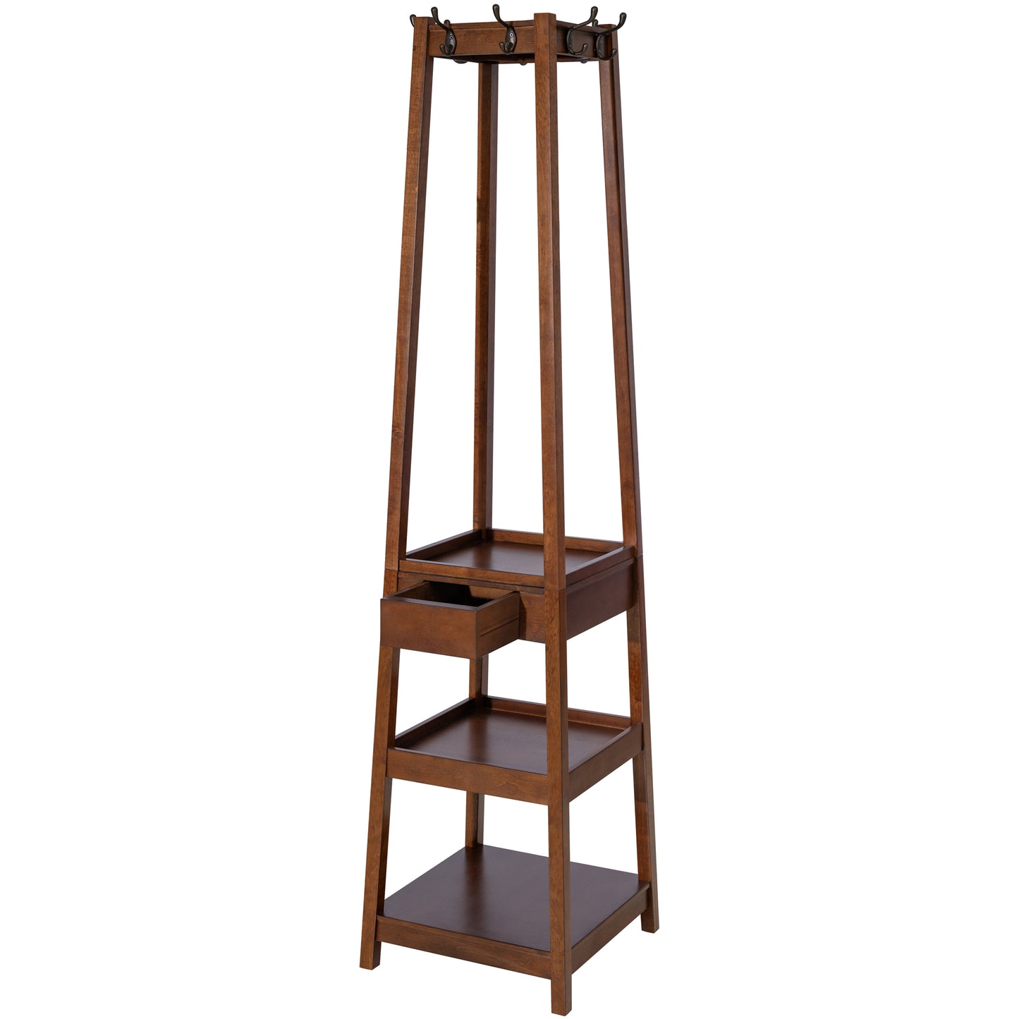 eHemco 8 Hooks Coat Rack Stand with Drawer and 3 Tier Shelves, Coffee