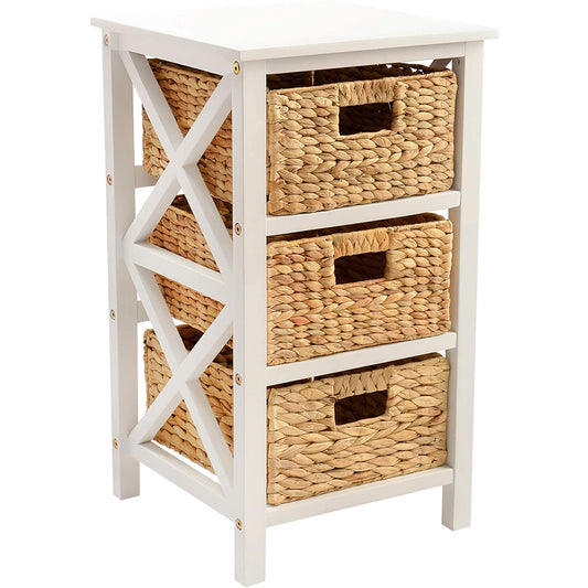 eHemco 3 Tier X-Side End Table Side Table Storage Cabinet with 3 Natural Water Hyacinth Wicker Baskets