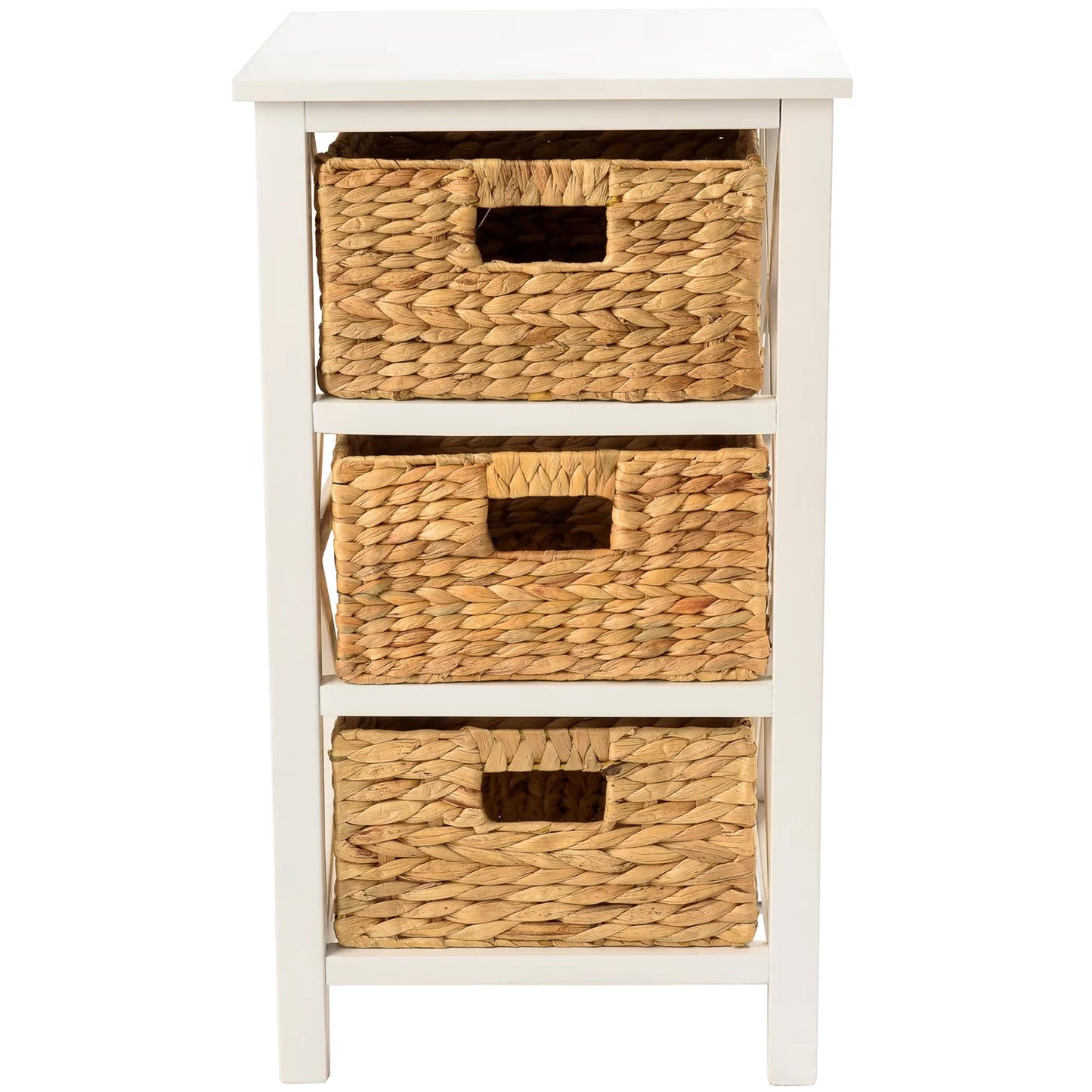 eHemco 3 Tier X-Side End Table Side Table Storage Cabinet with 3 Natural Water Hyacinth Wicker Baskets
