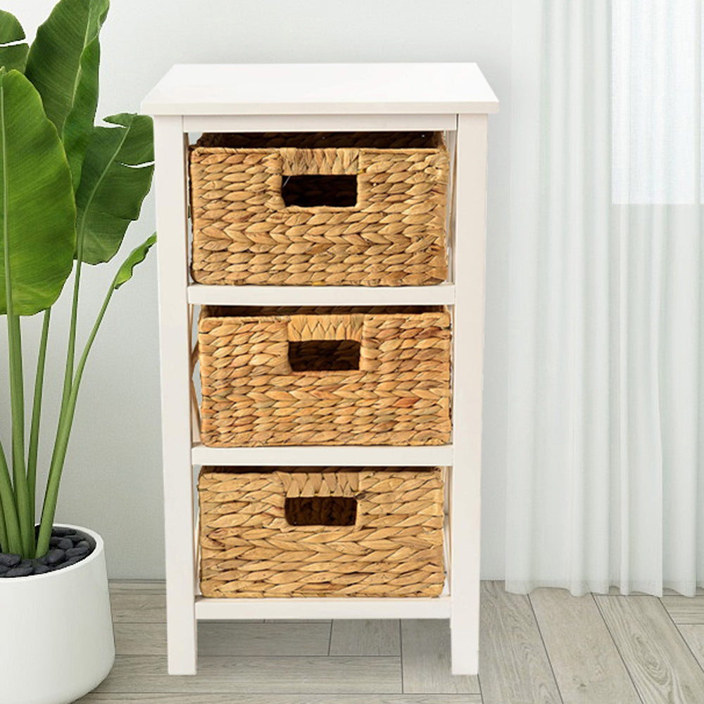 eHemco 3 Tier X-Side End Table Side Table Storage Cabinet with 3 Natural Water Hyacinth Wicker Baskets